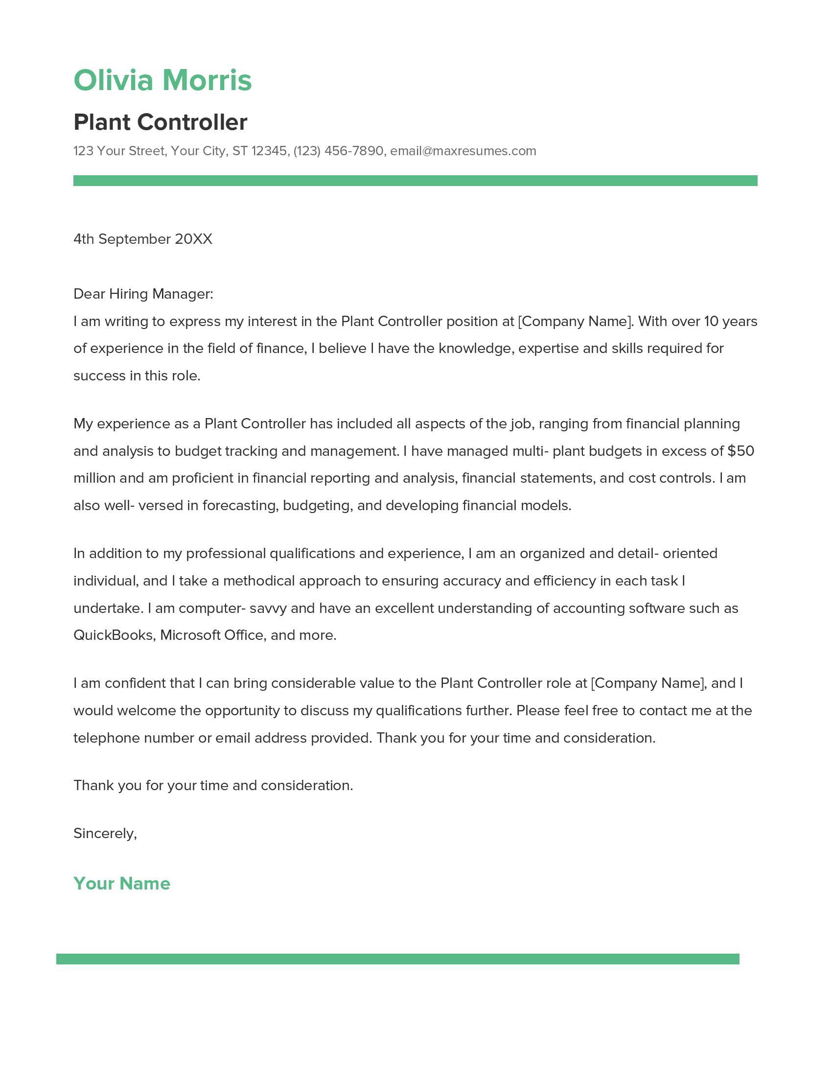 Plant Controller Cover Letter Example