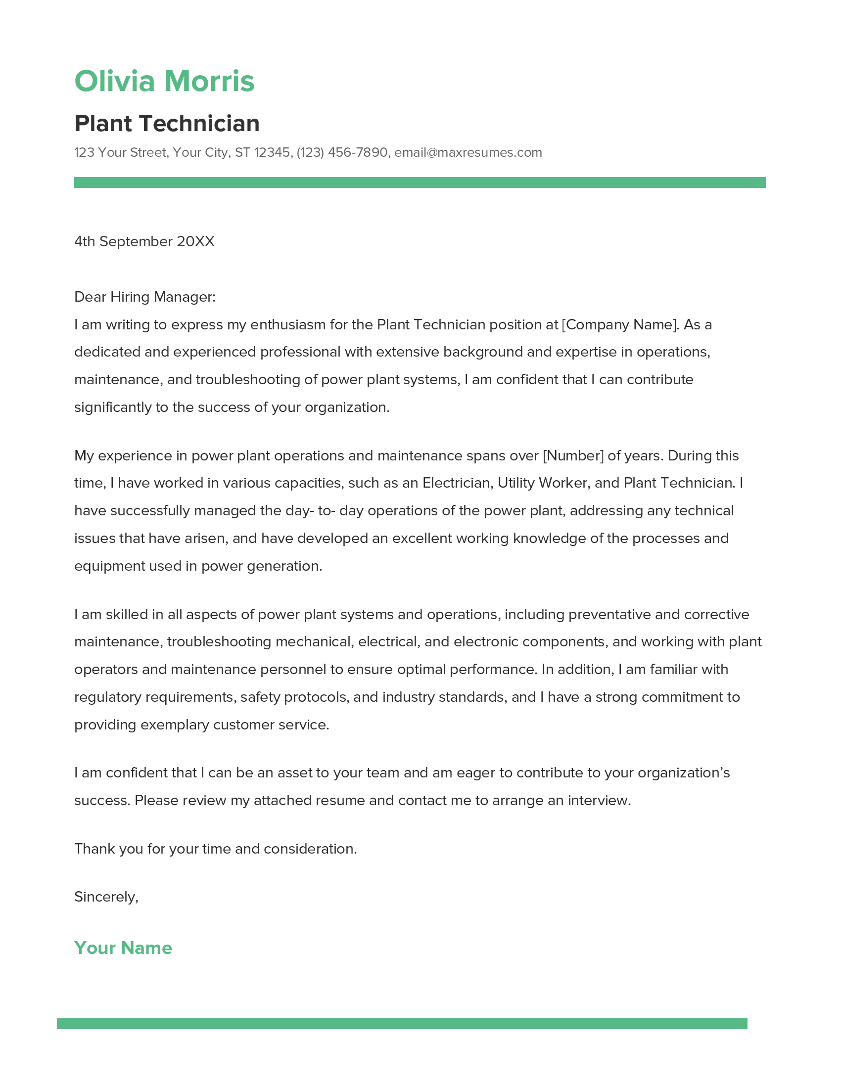 Plant Technician Cover Letter Example