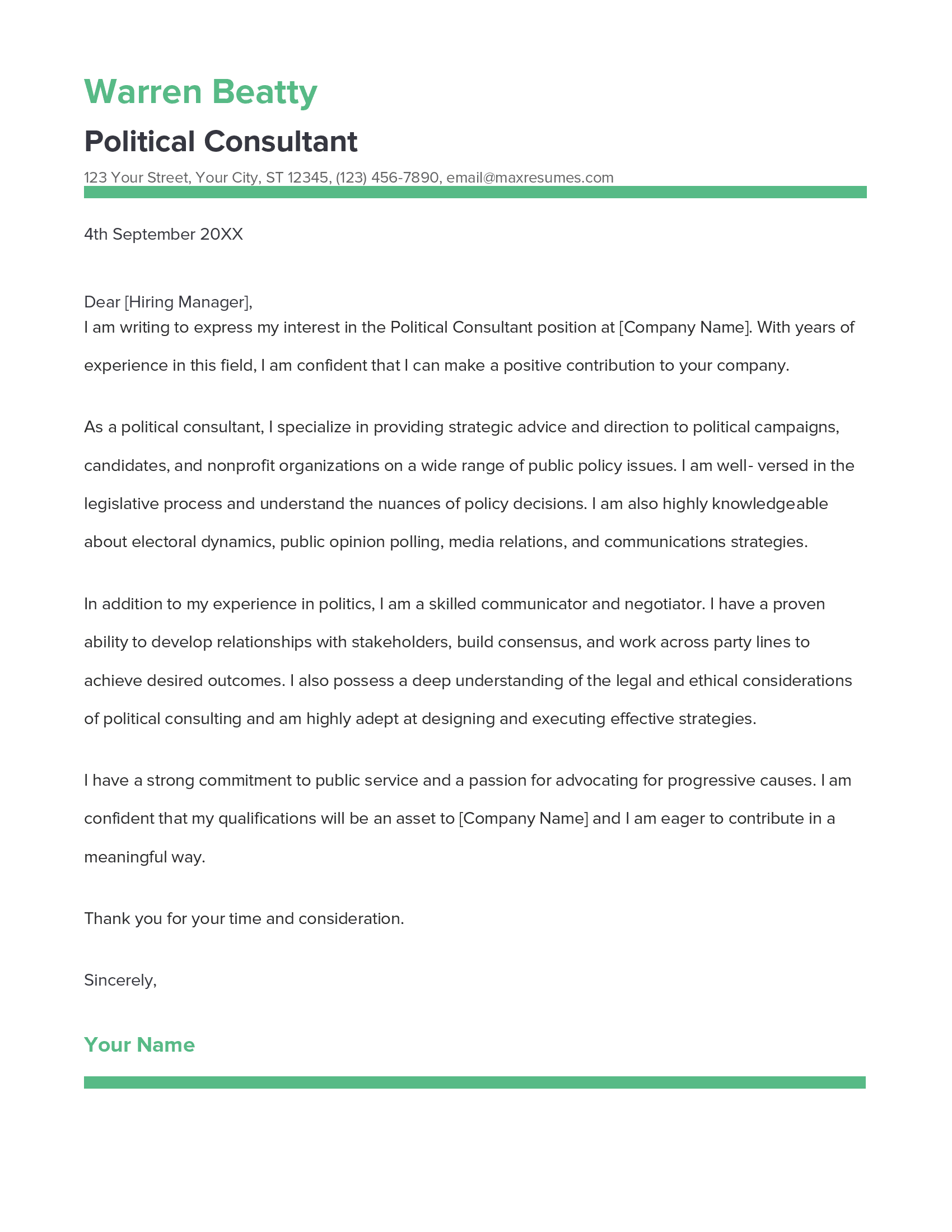 Political Consultant Cover Letter Example