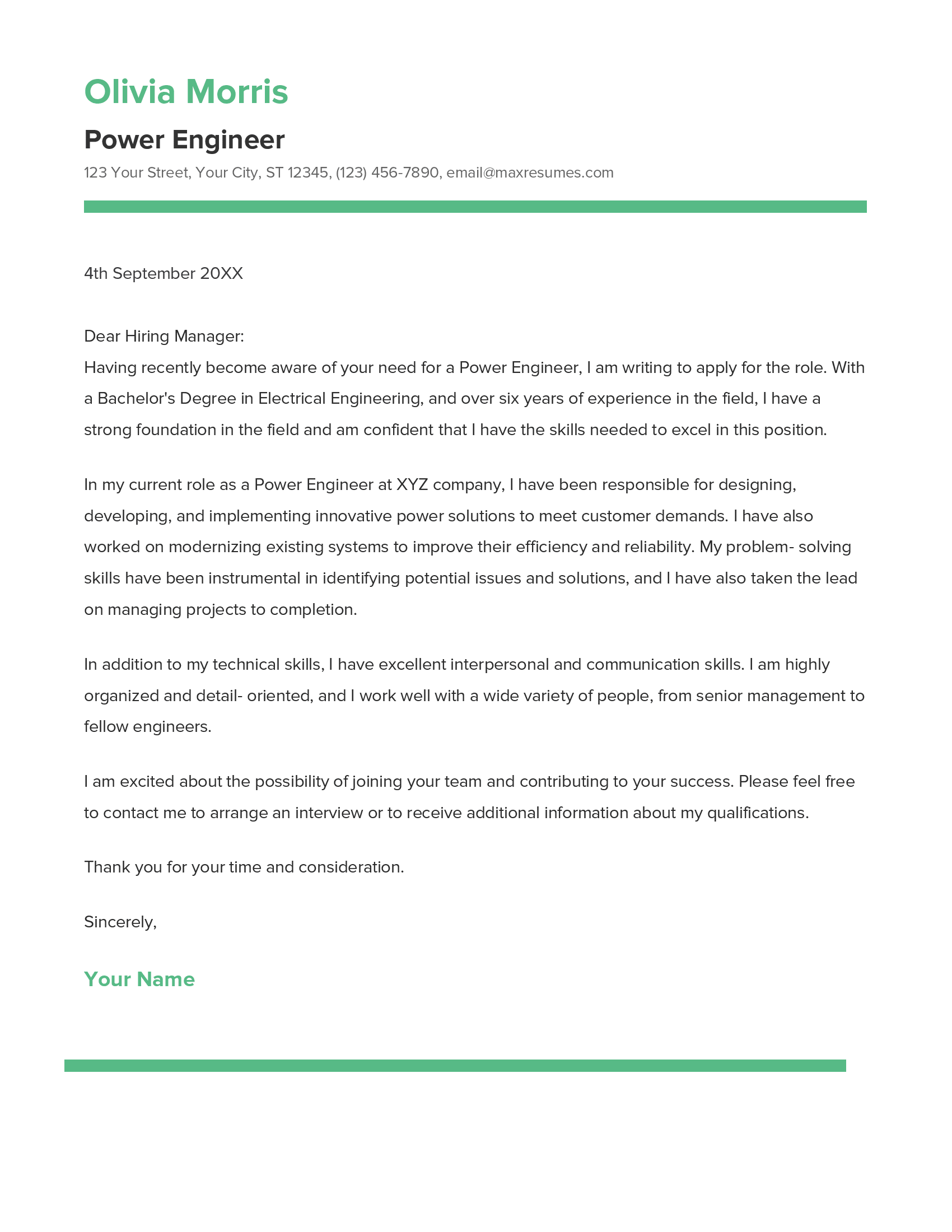 Power Engineer Cover Letter Example