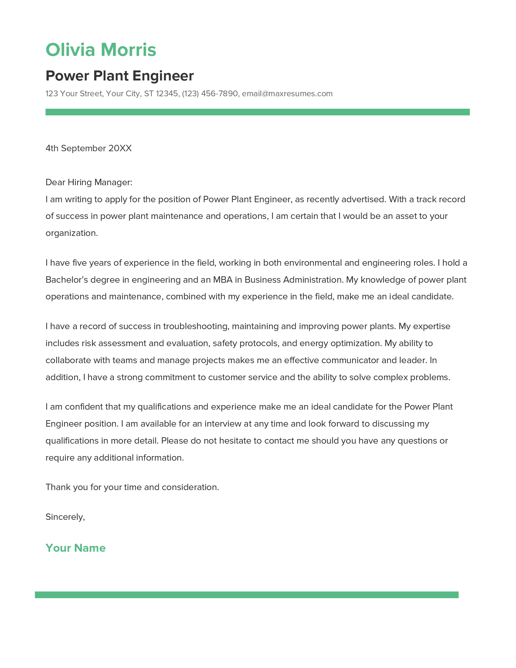 Power Plant Engineer Cover Letter Example