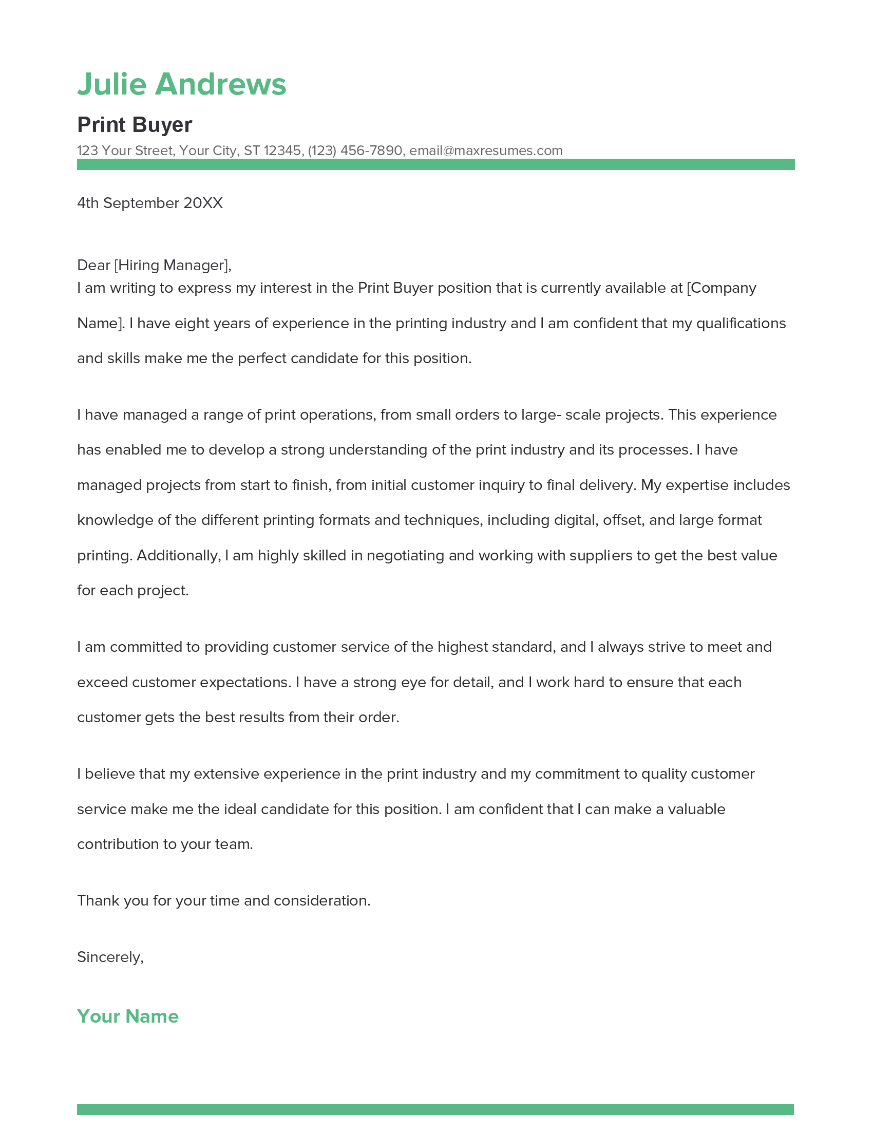 Print Buyer Cover Letter Example