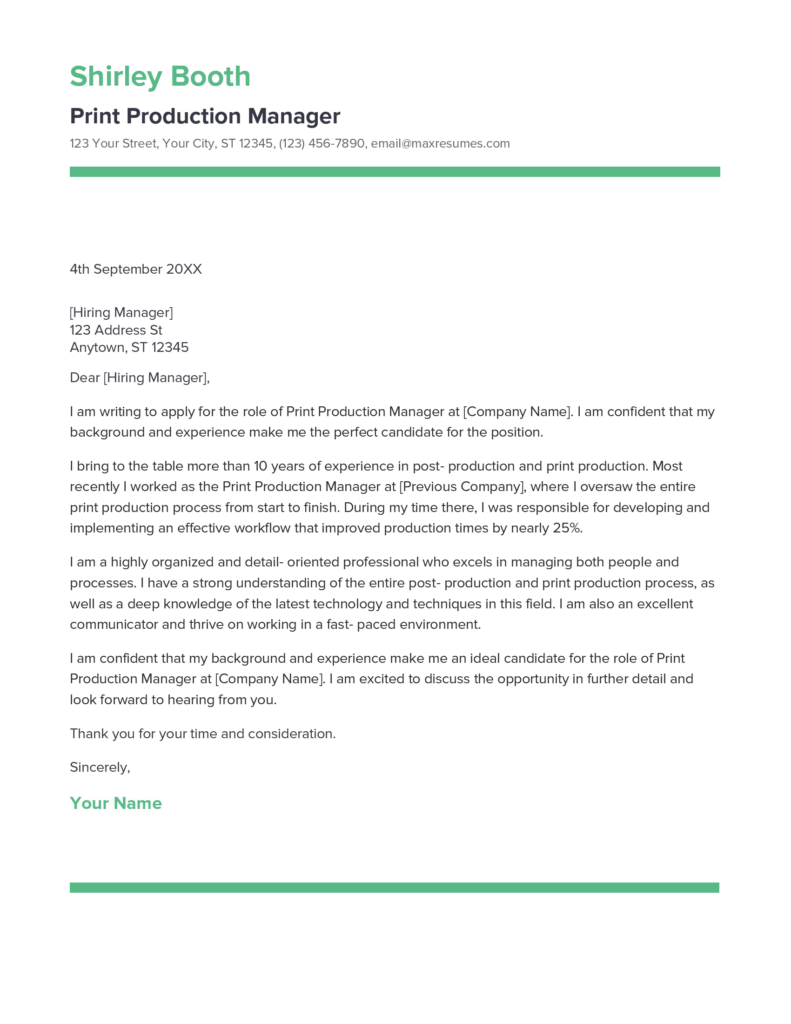 Best Print Production Manager Cover Letter Example for 2023