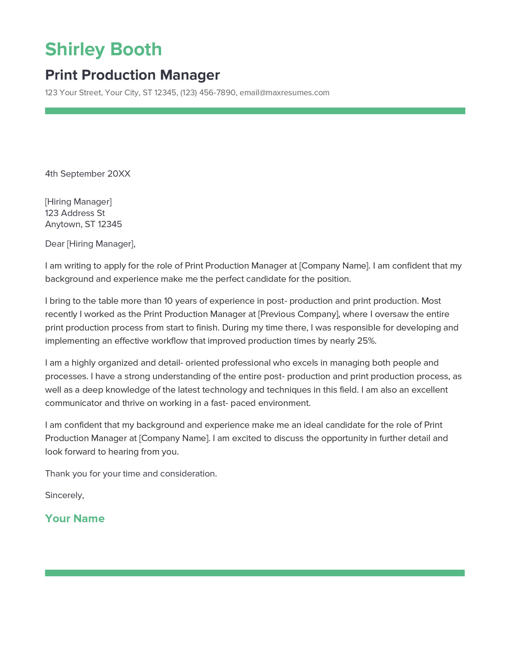 Print Production Manager Cover Letter Example
