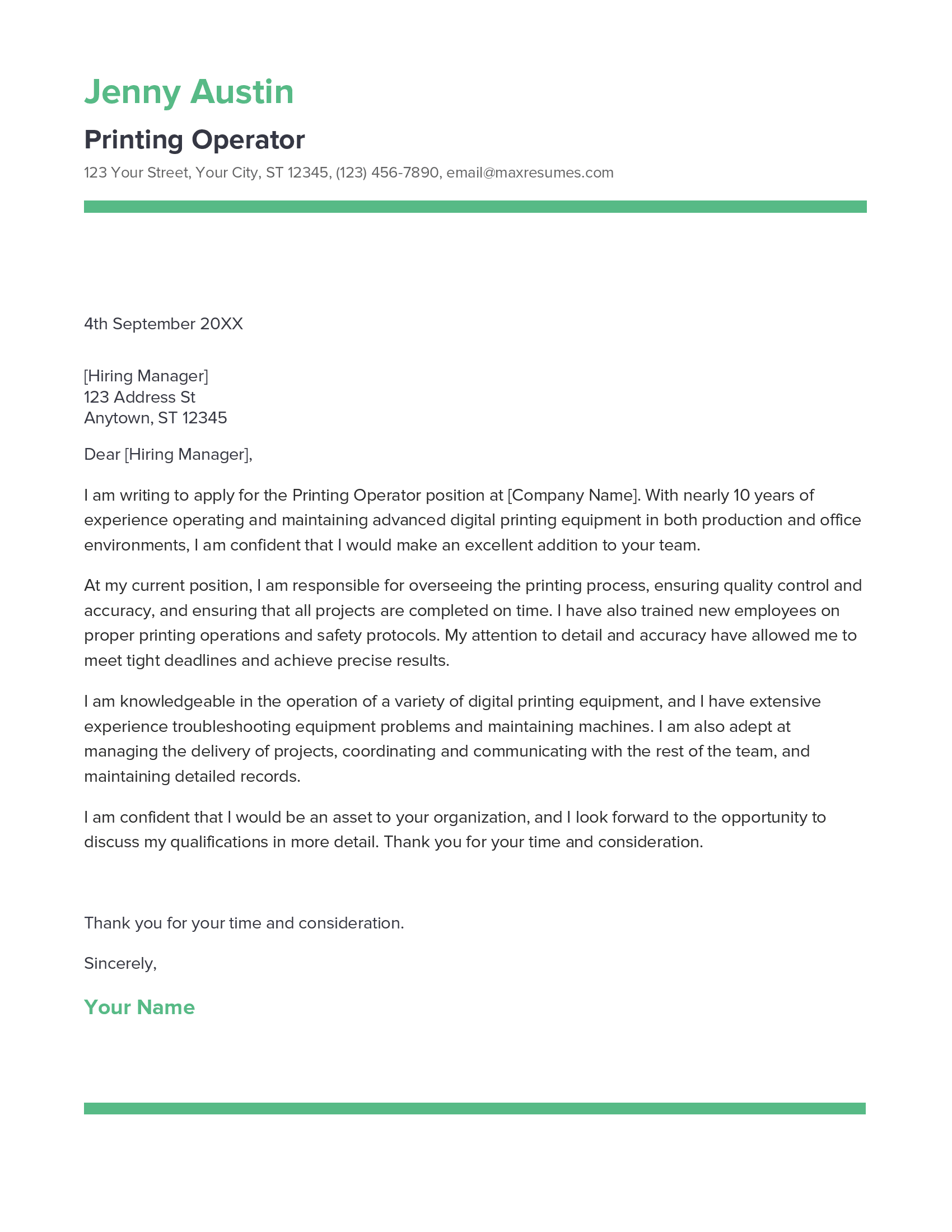 Printing Operator Cover Letter Example