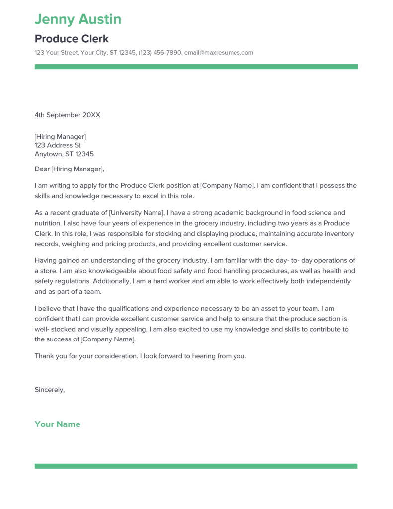 Best Produce Clerk Cover Letter Example for 2023