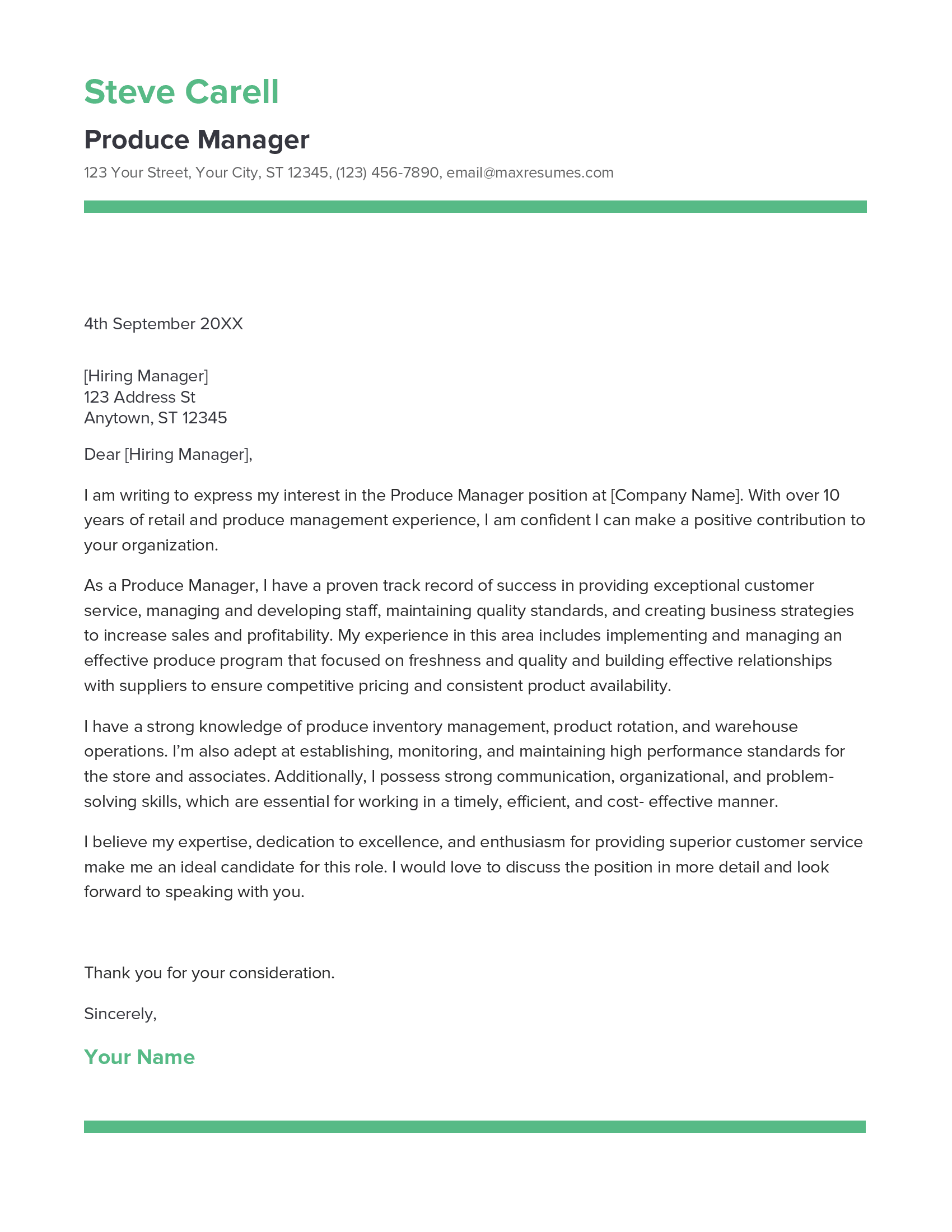 Produce Manager Cover Letter Example