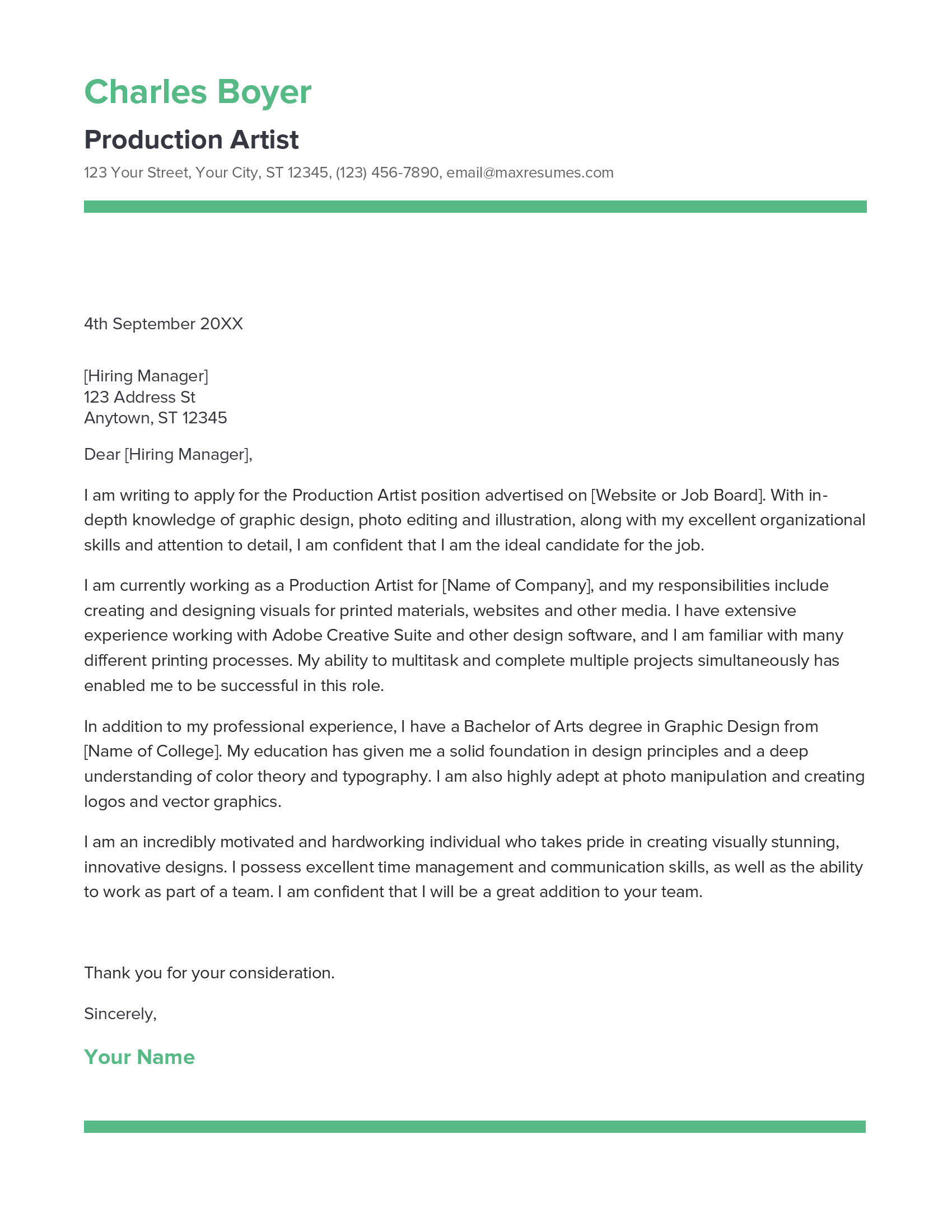 Production Artist Cover Letter Example
