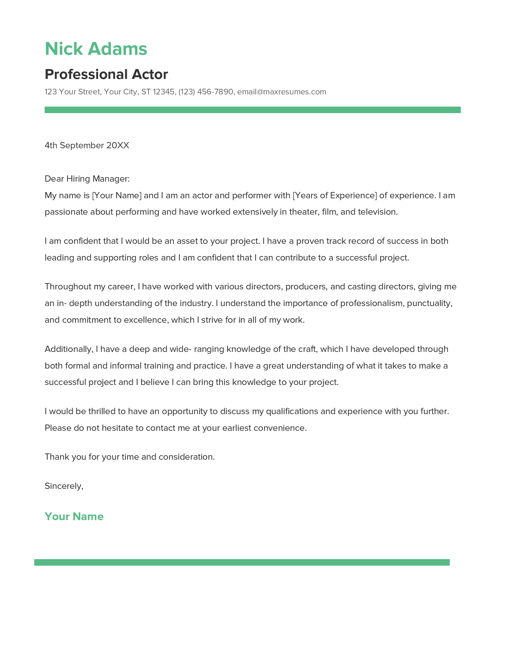 Professional Actor Cover Letter Example