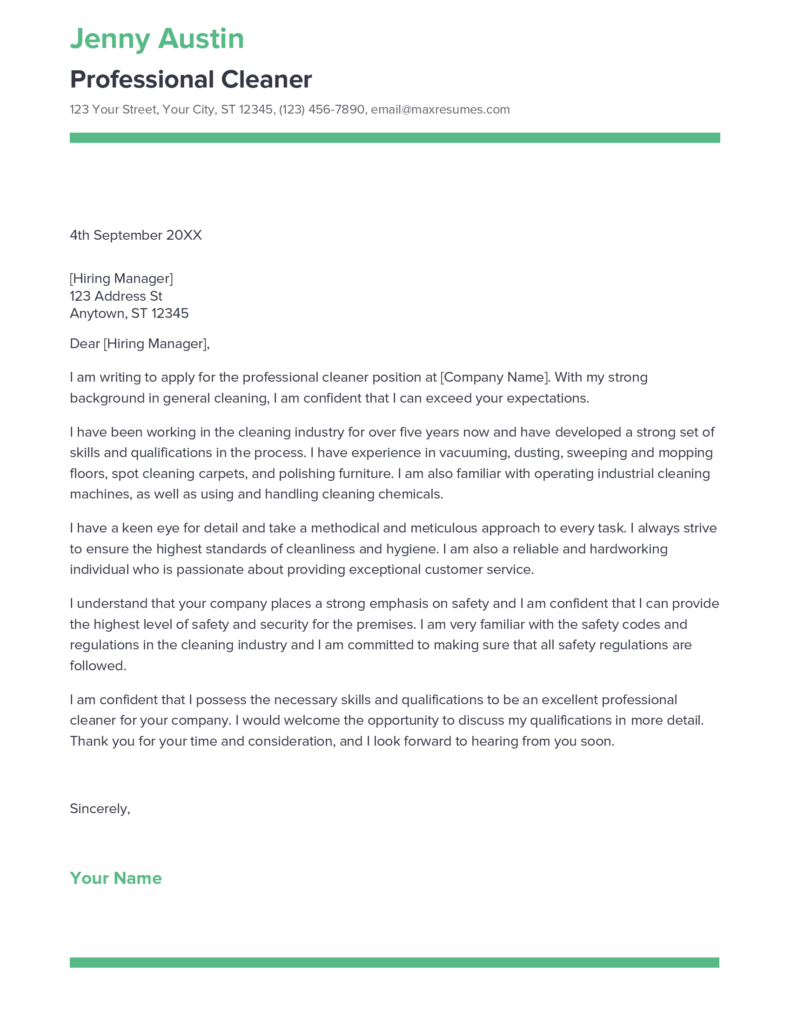 Best Professional Cleaner Cover Letter Example for 2023