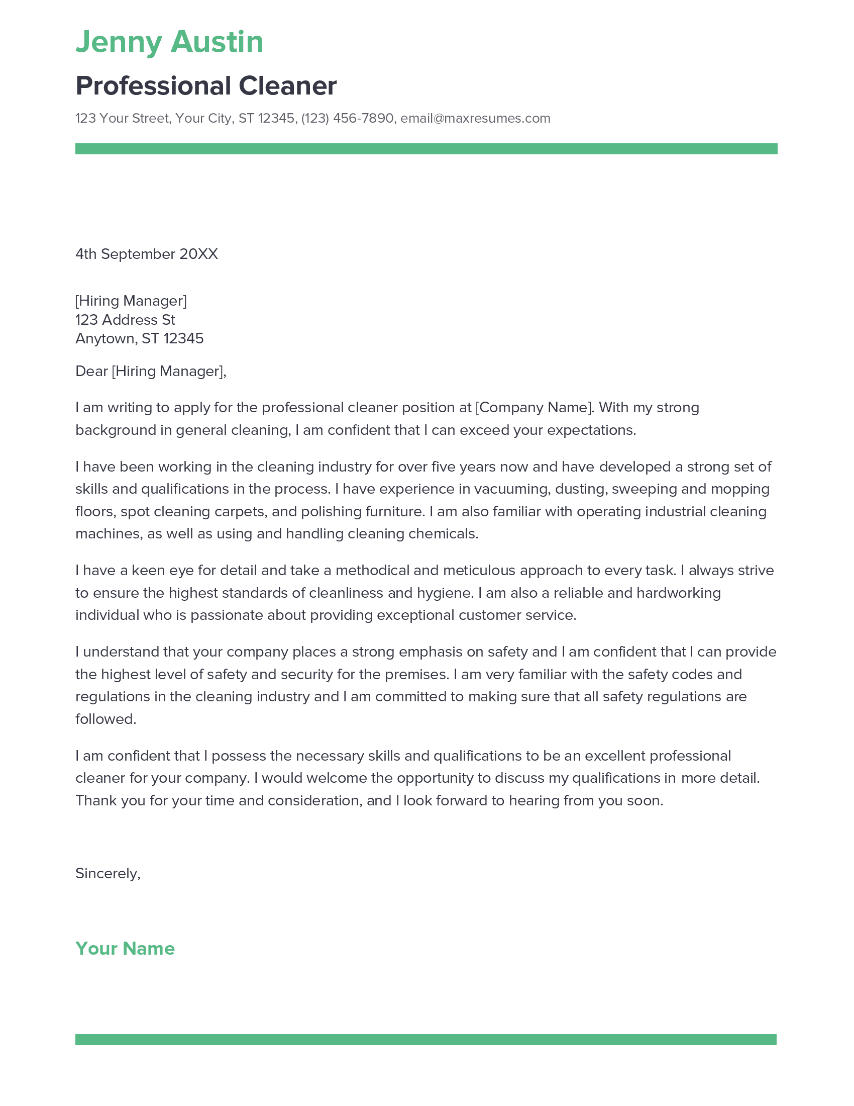 simple cover letter for cleaner