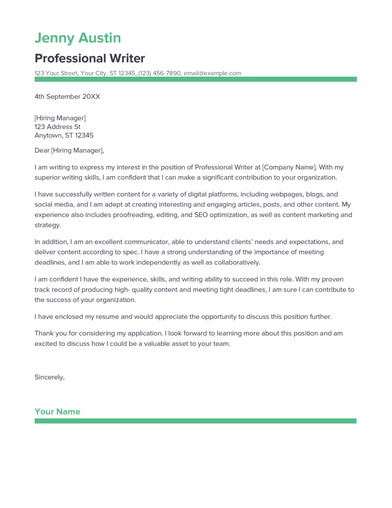 Best Professional Writer Cover Letter Example for 2023