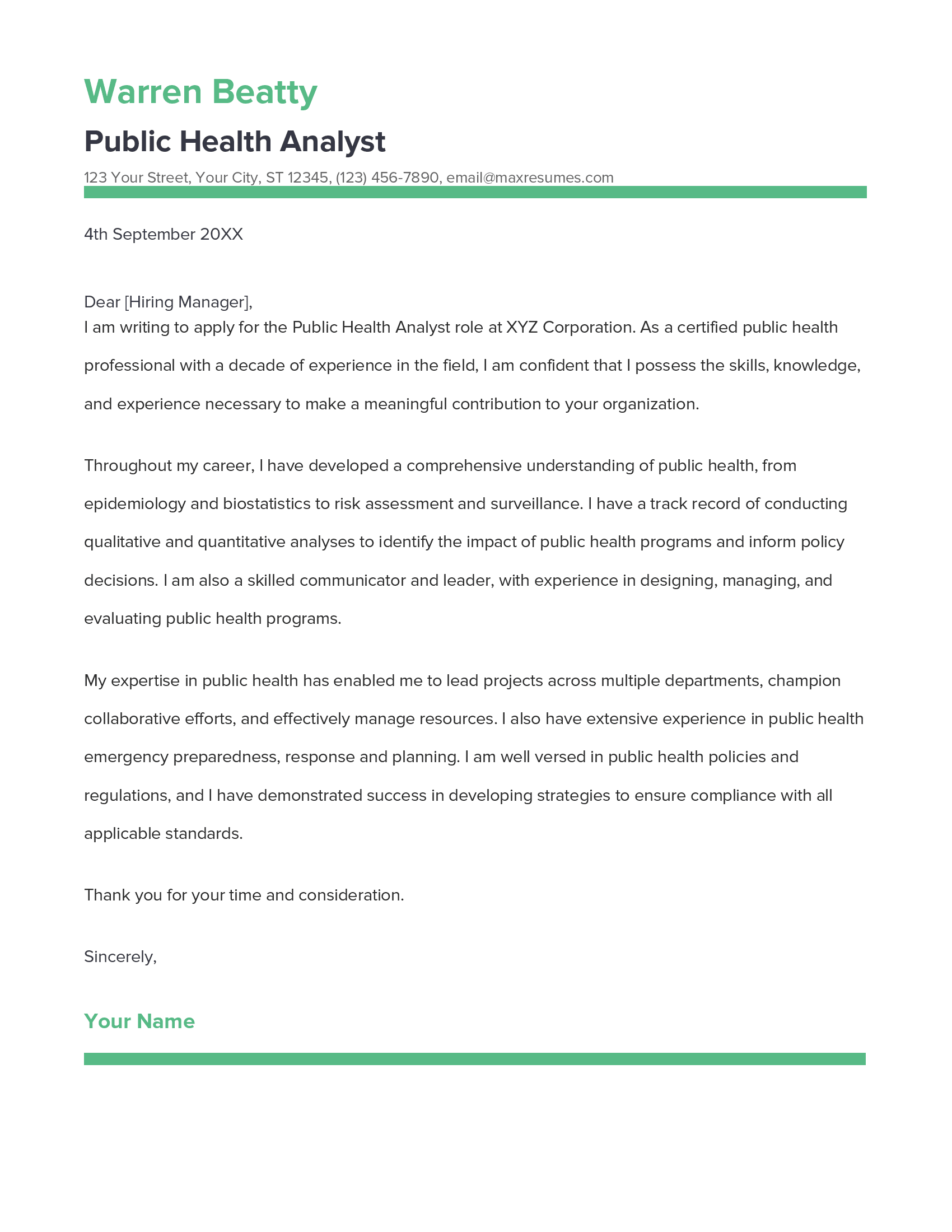 Public Health Analyst Cover Letter Example