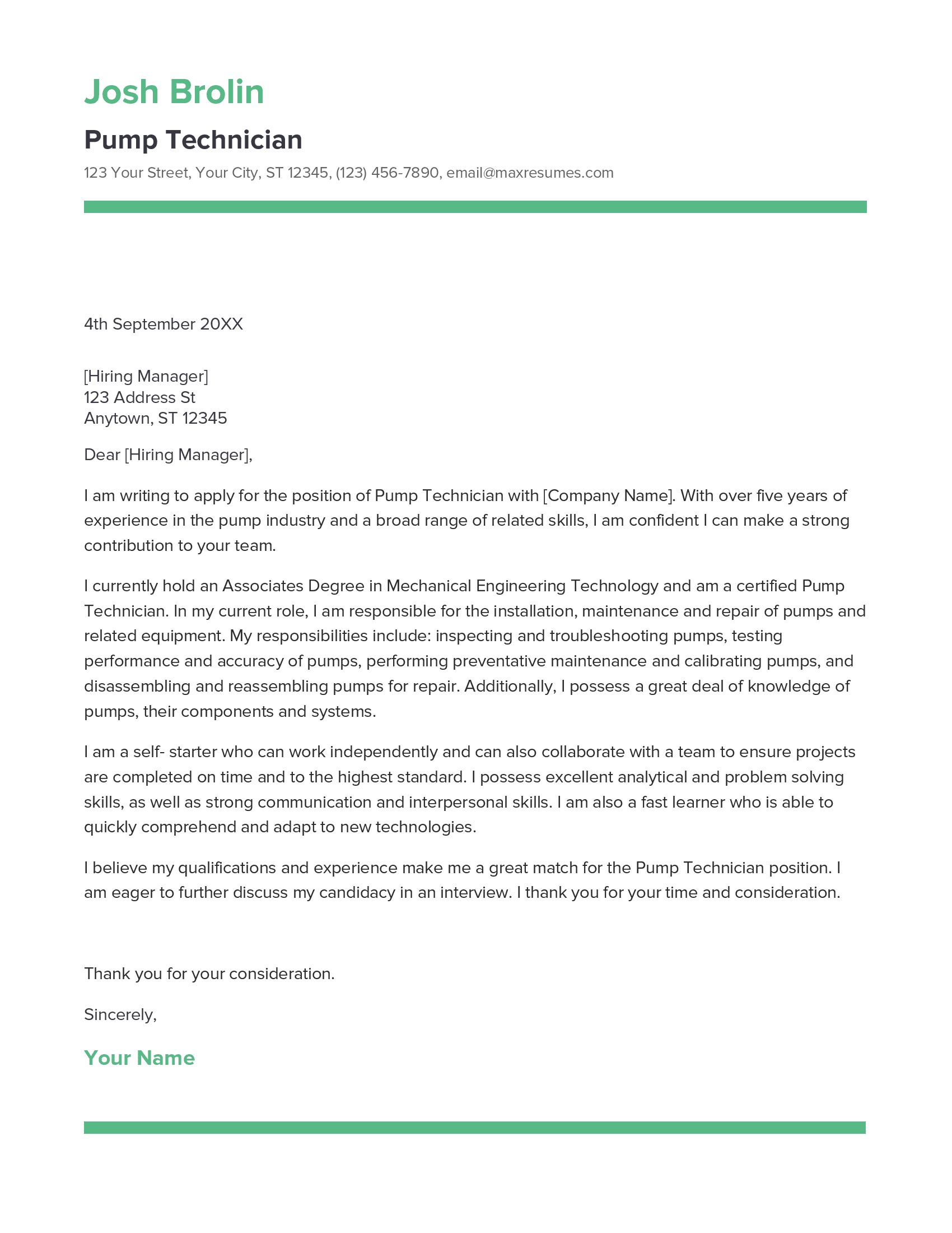 Pump Technician Cover Letter Example