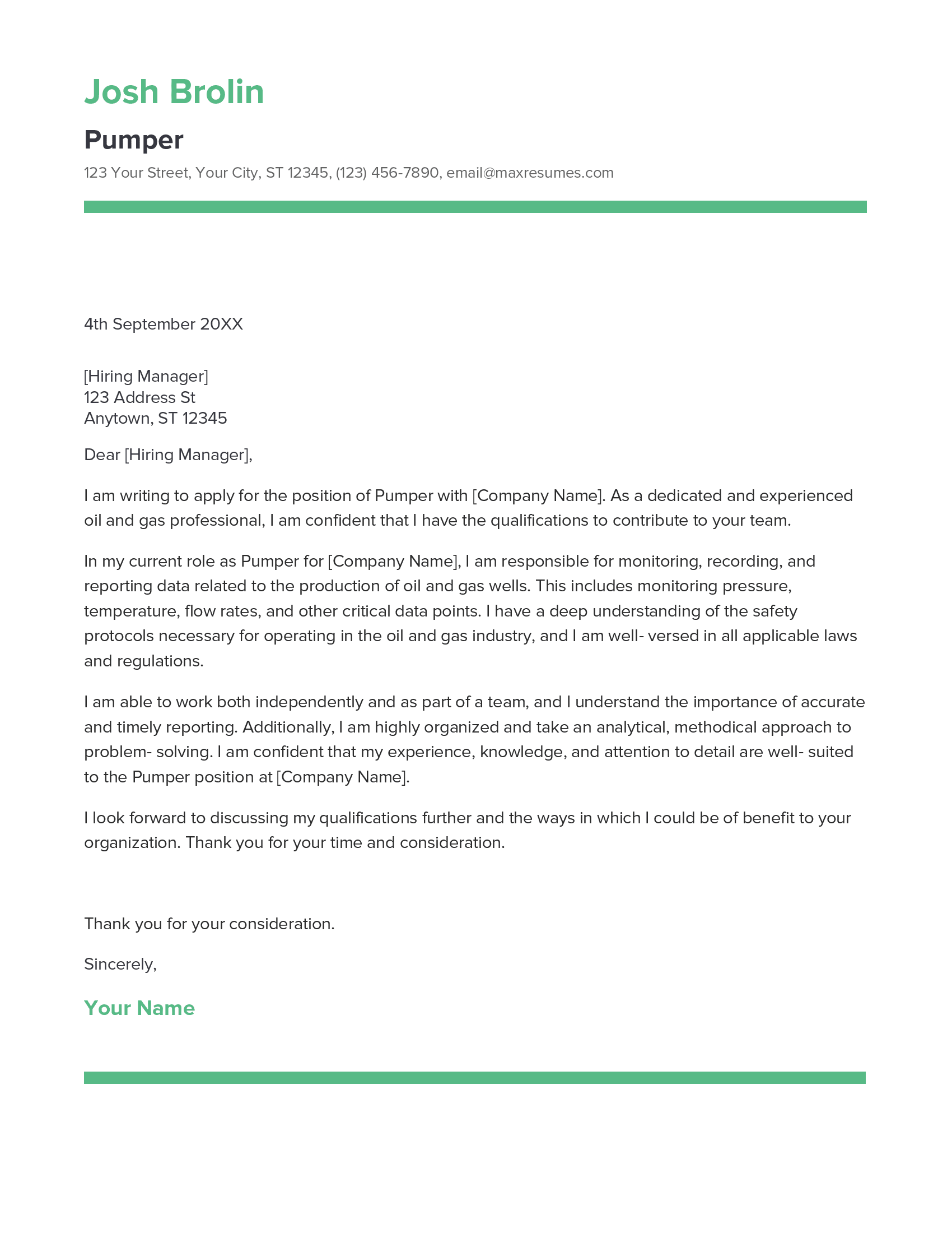 Pumper Cover Letter Example