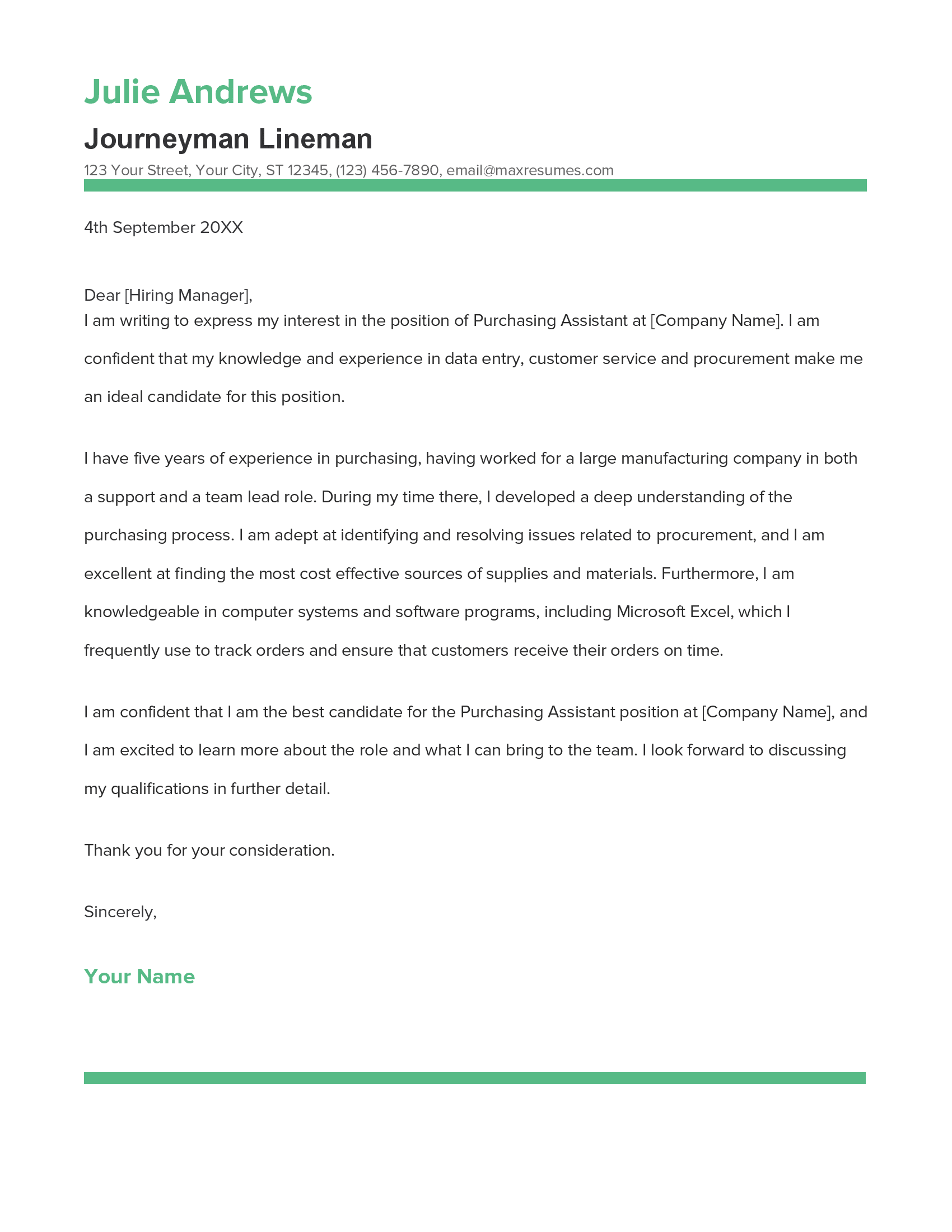 Purchasing Assistant Cover Letter Example