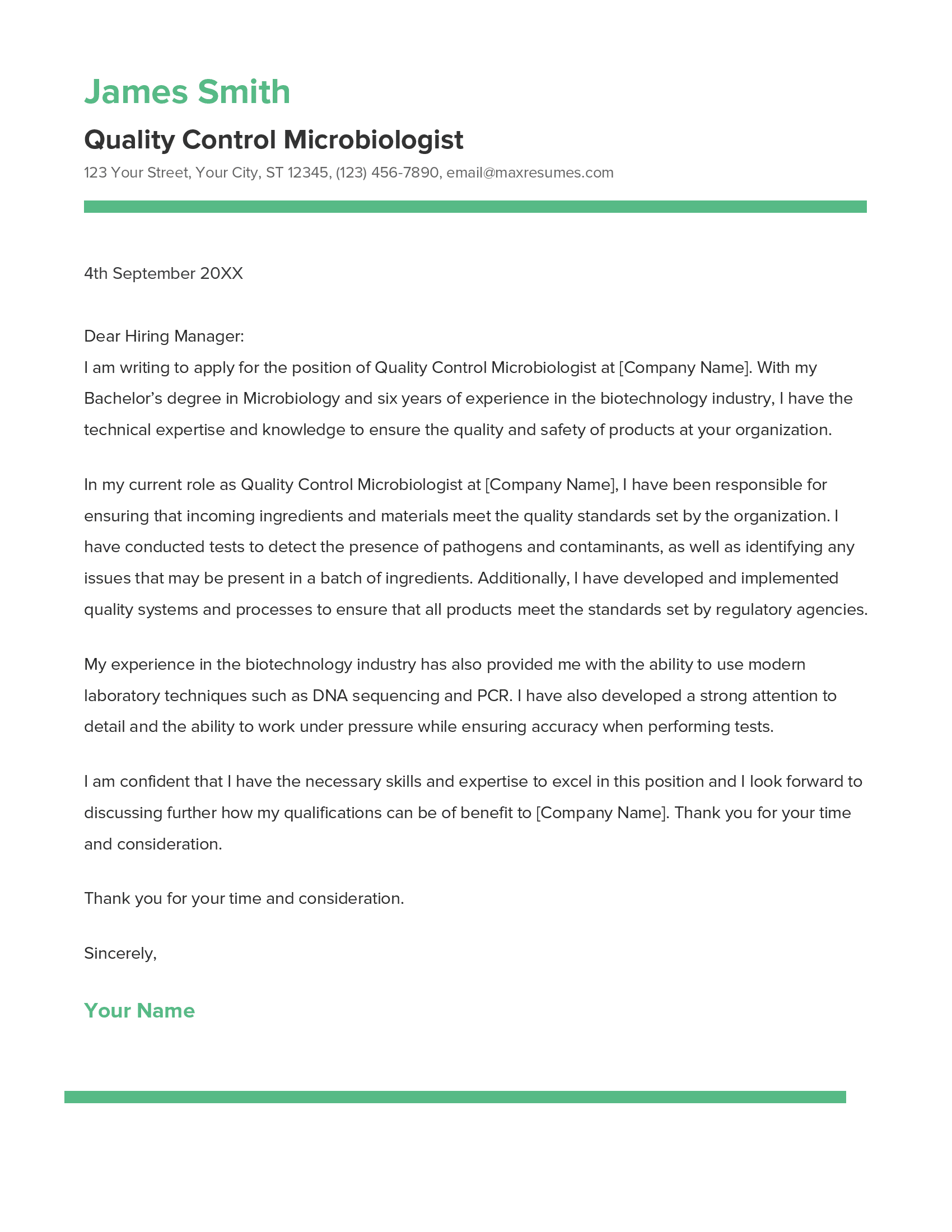 Quality Control Microbiologist Cover Letter Example