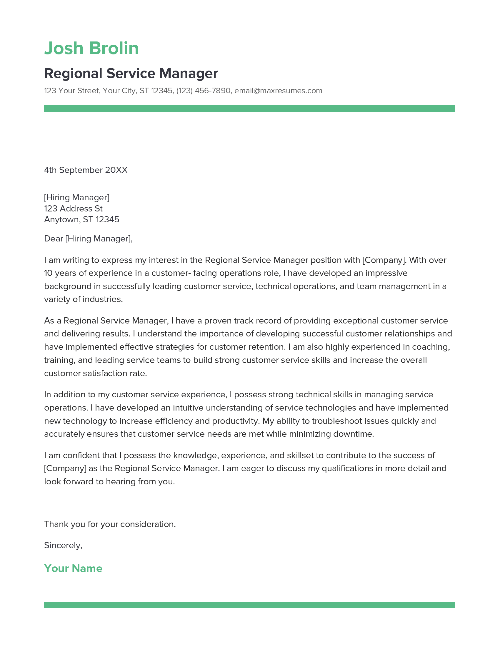 Regional Service Manager Cover Letter Example