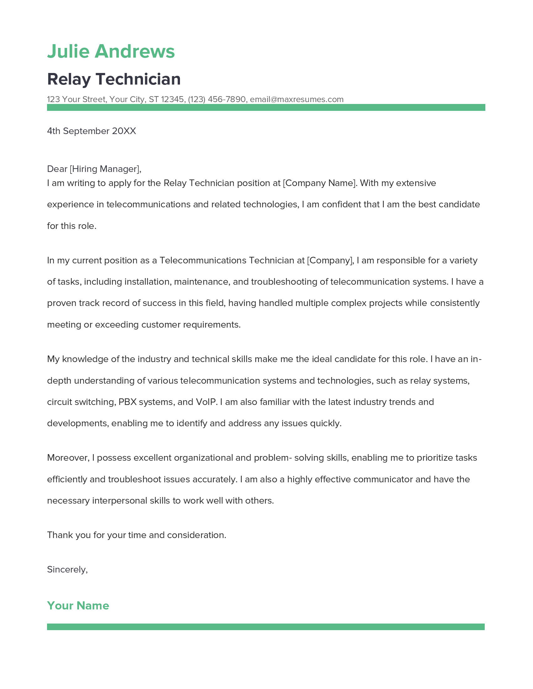 Relay Technician Cover Letter Example