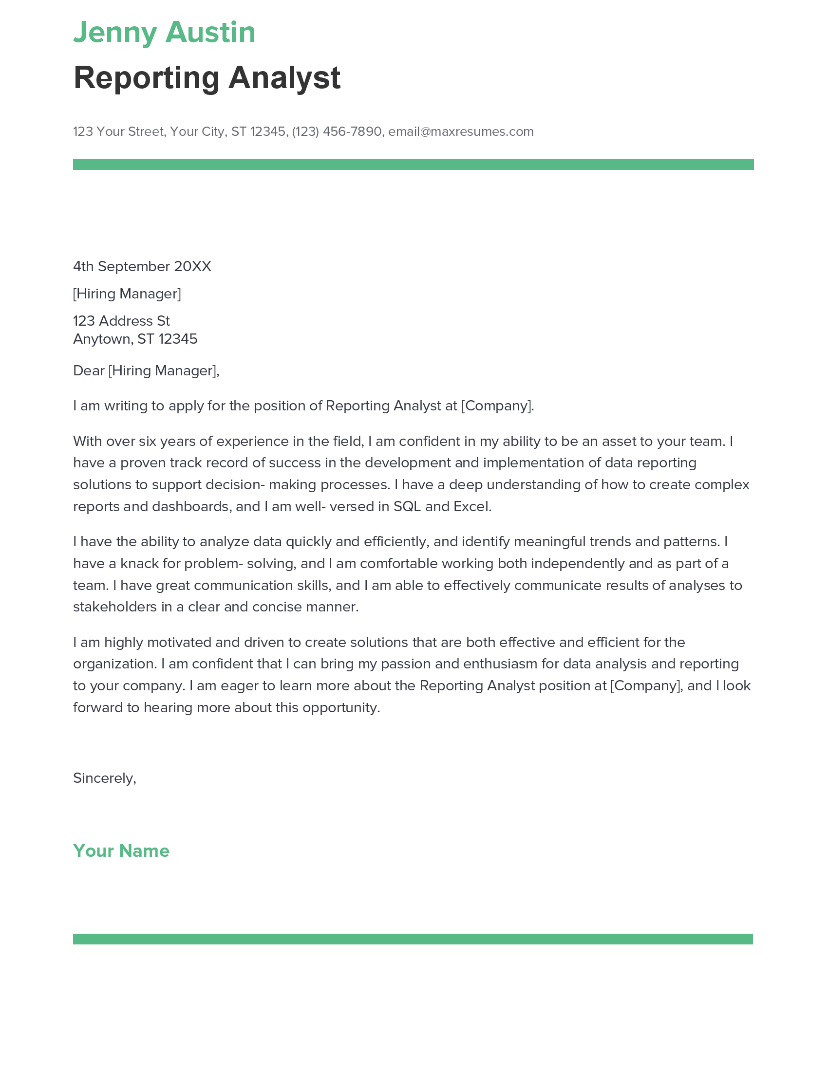 cover letter for an reporting analyst
