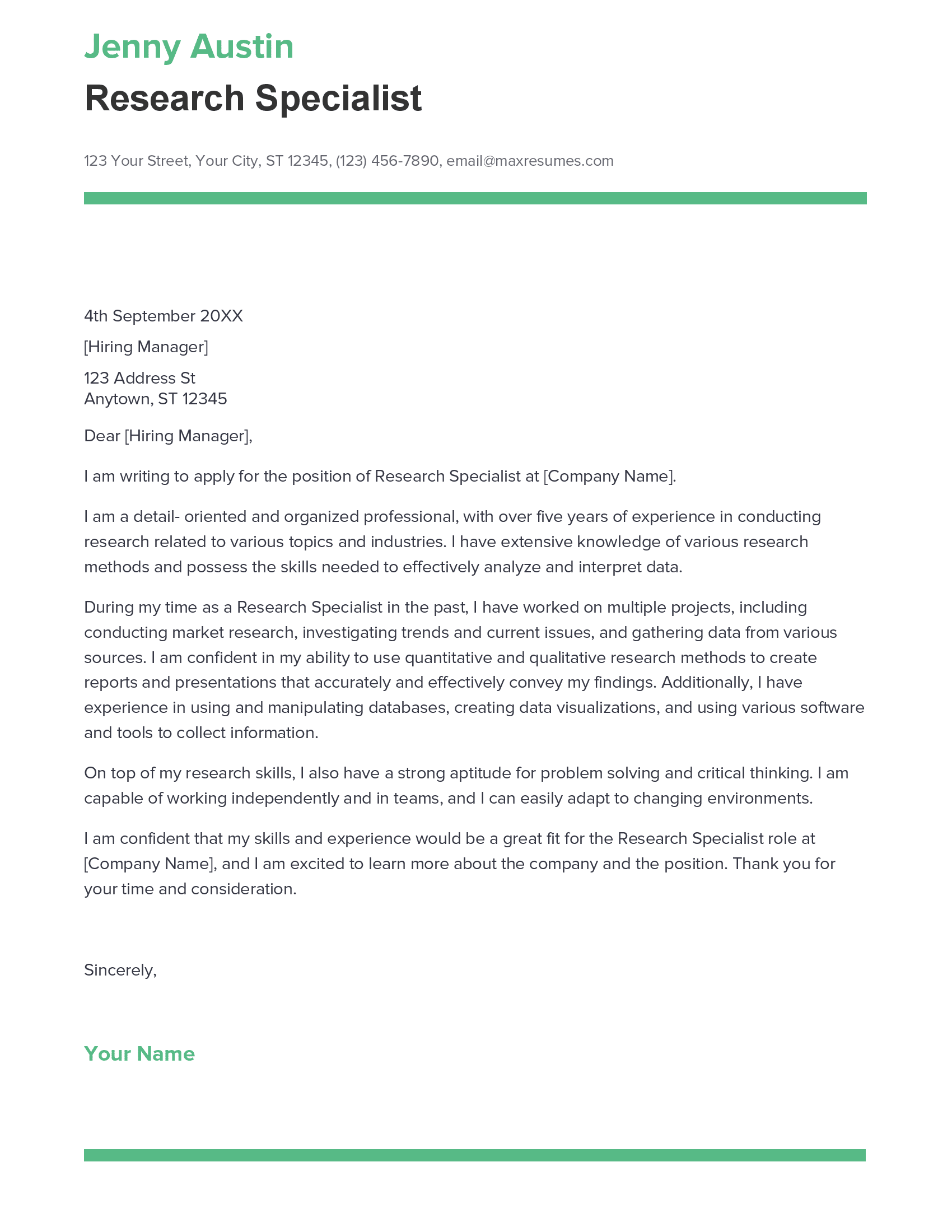 cover letter for a research company