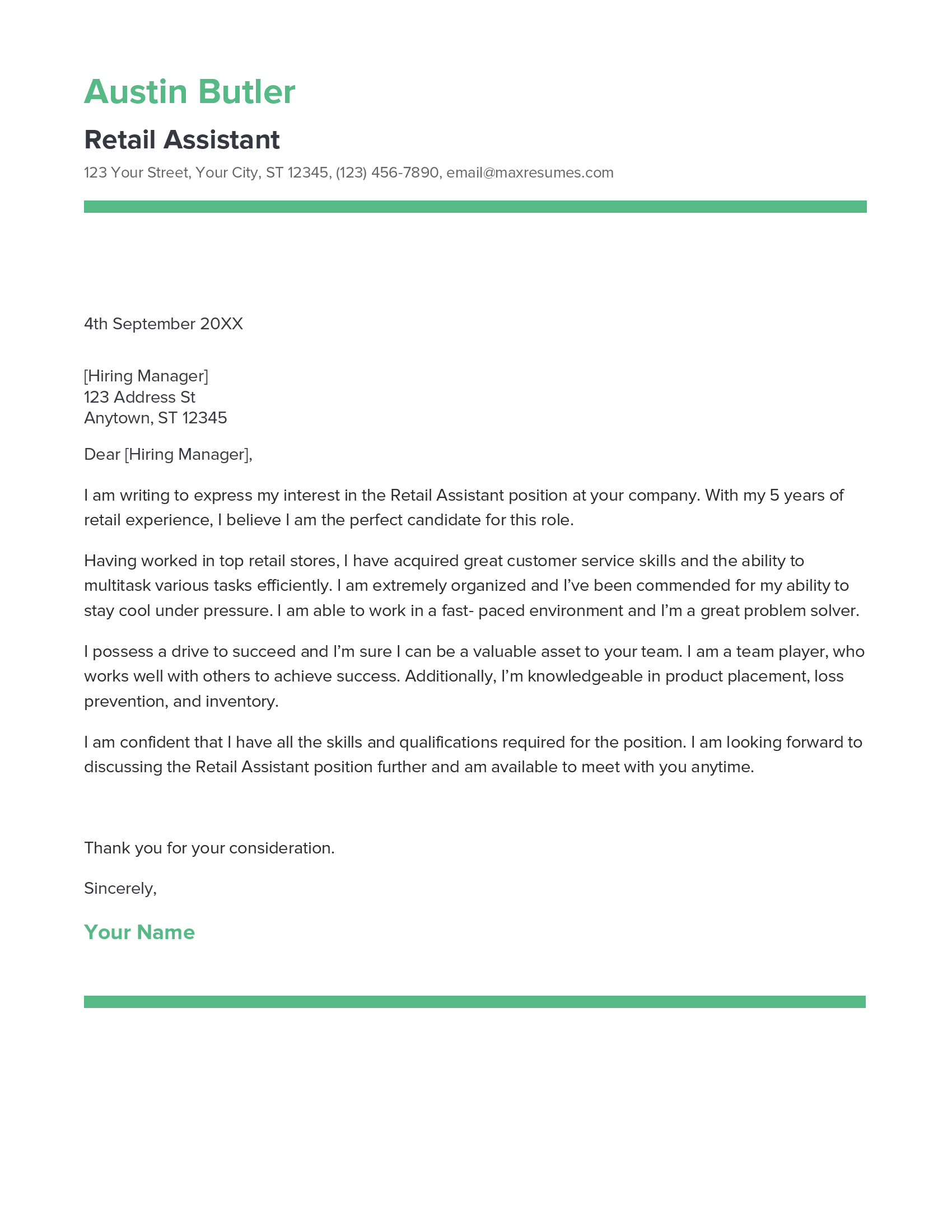 Retail Assistant Cover Letter Example