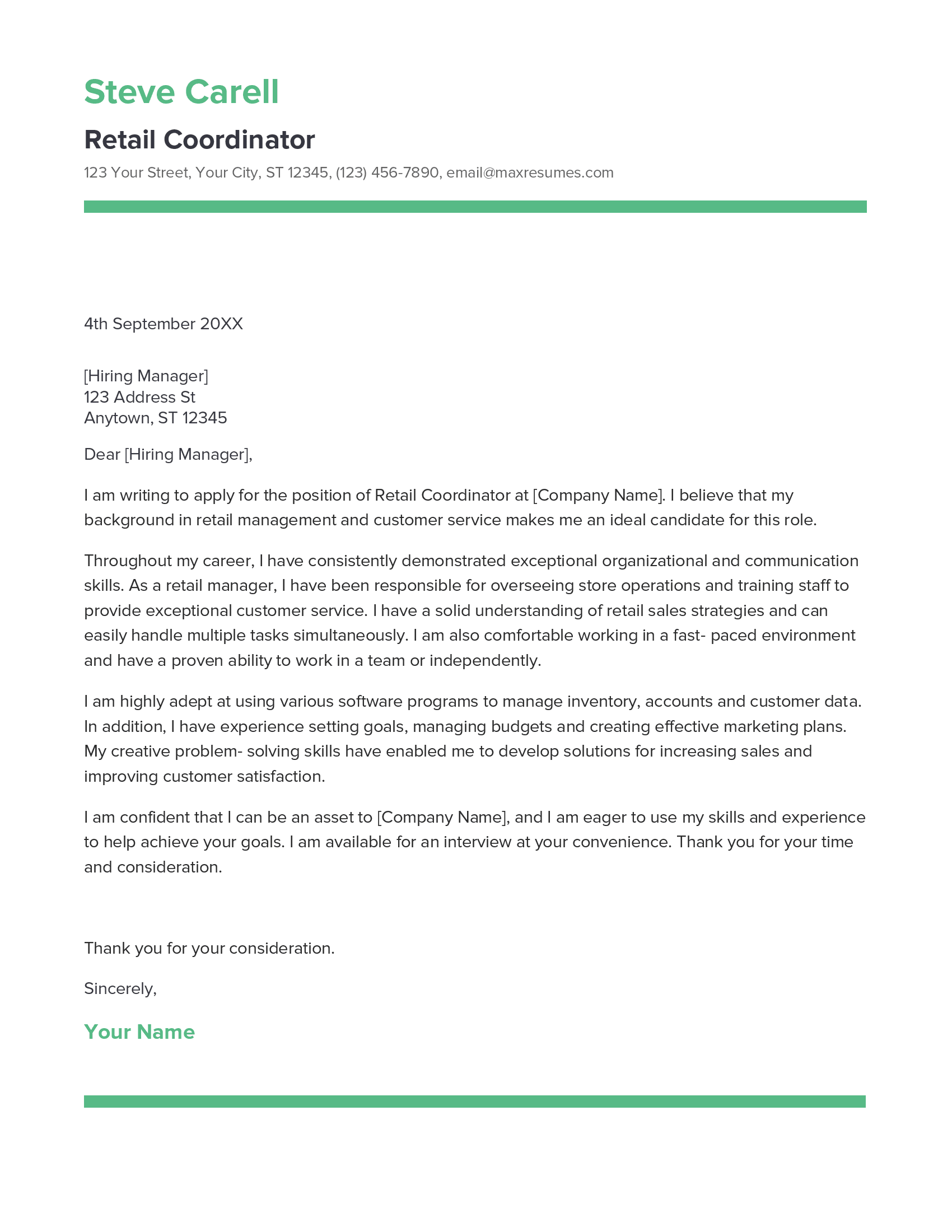 Retail Coordinator Cover Letter Example