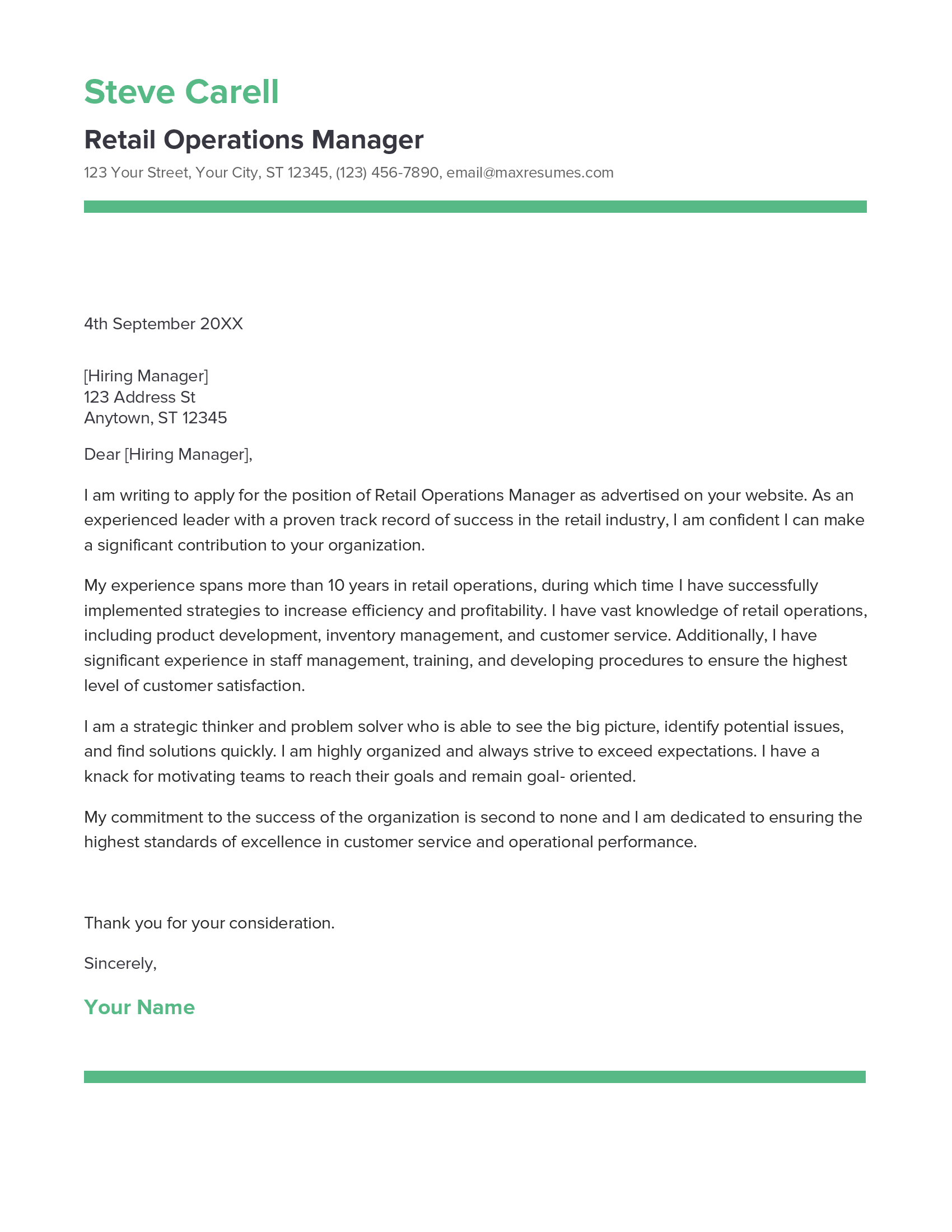 Retail Operations Manager Cover Letter Example