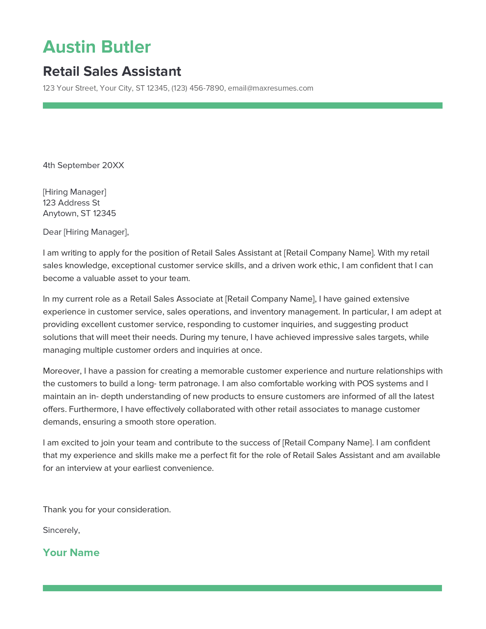 retail sales assistant cover letter no experience