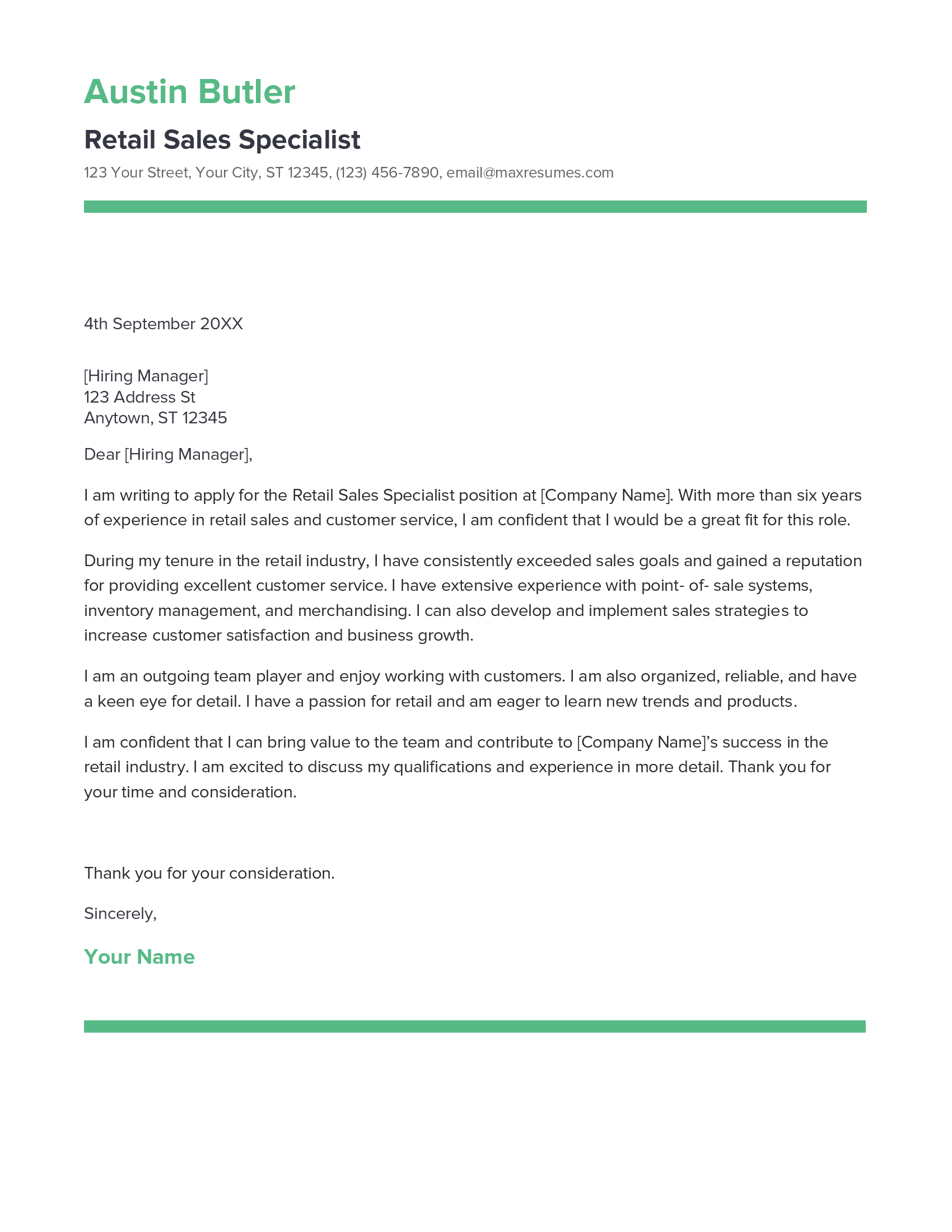 Retail Sales Specialist Cover Letter Example