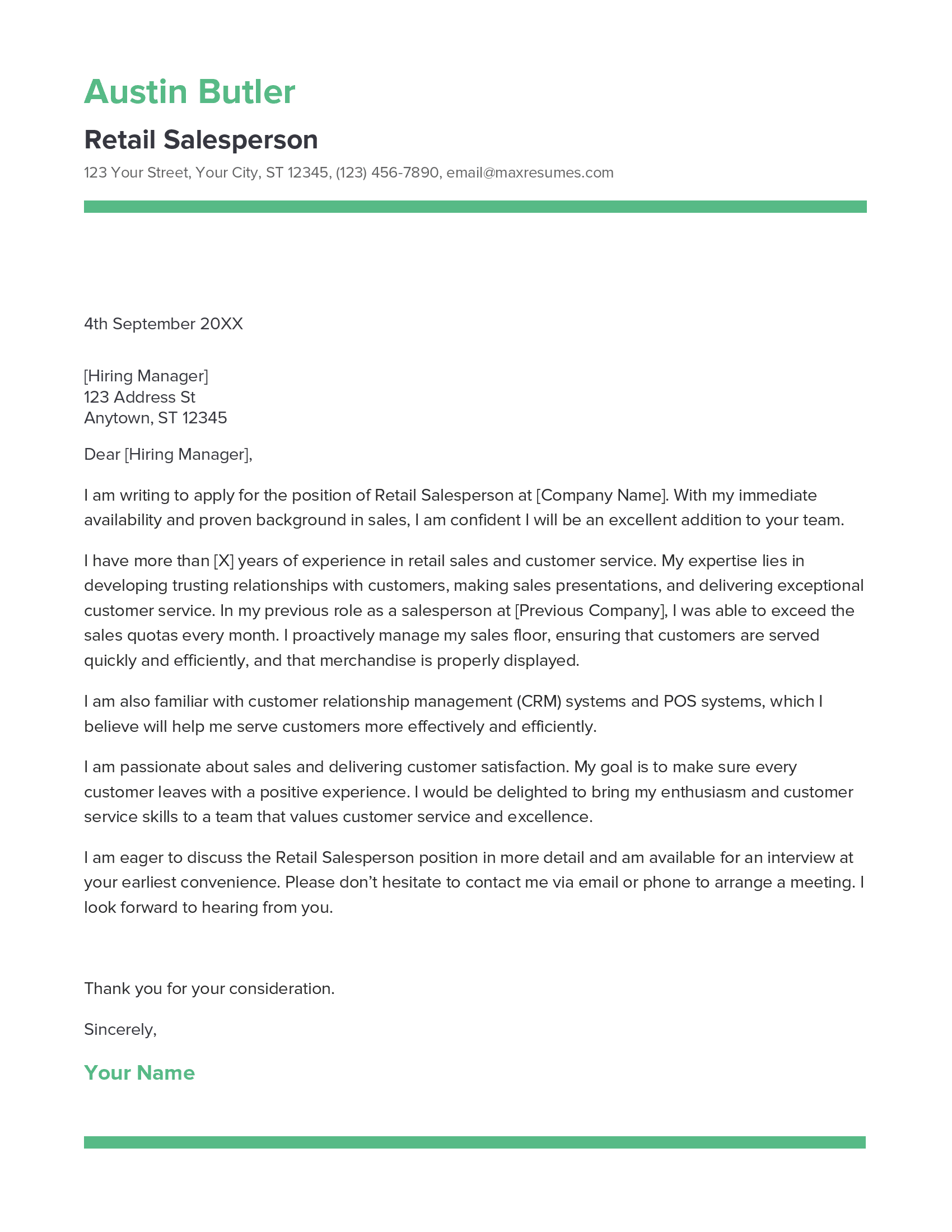 Retail Salesperson Cover Letter Example