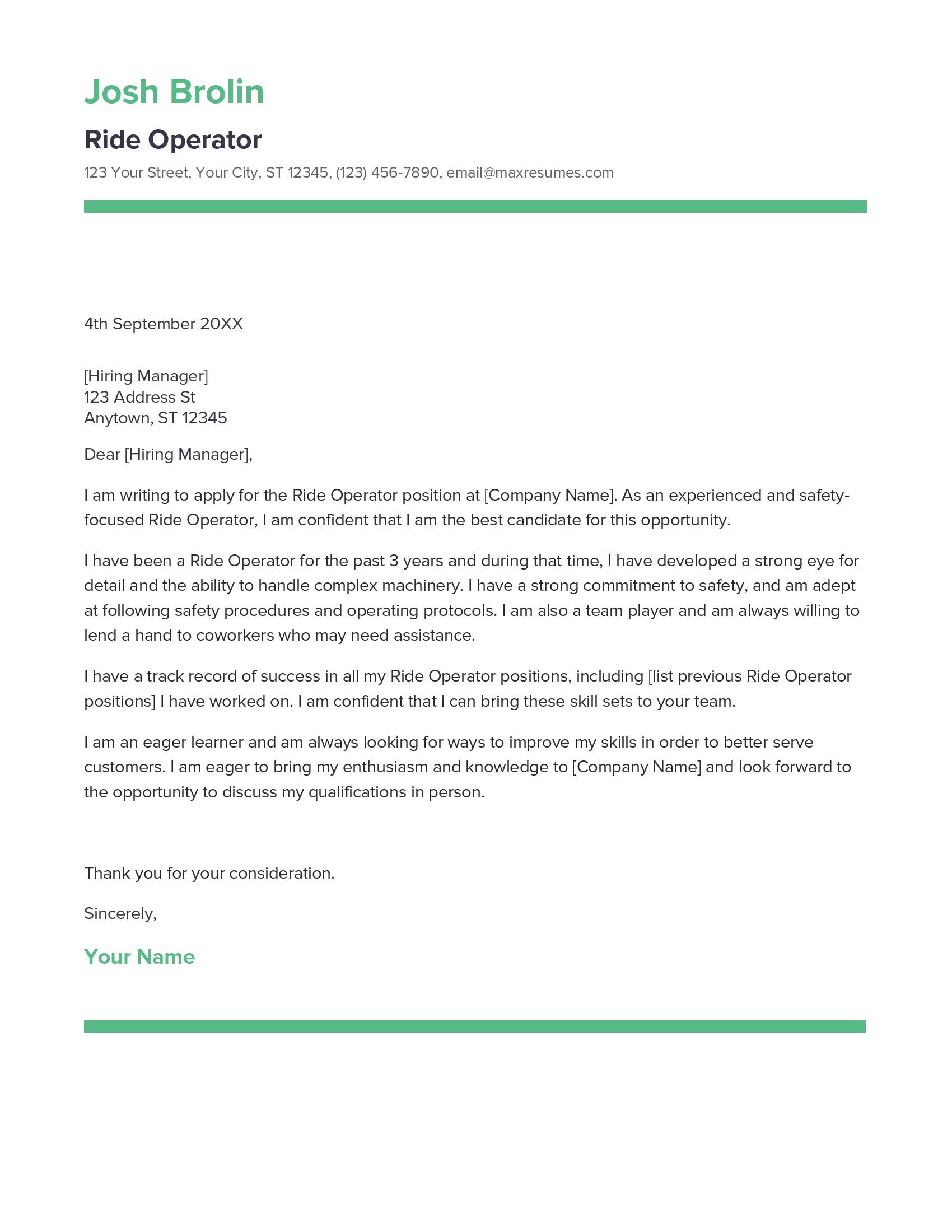 Ride Operator Cover Letter Example