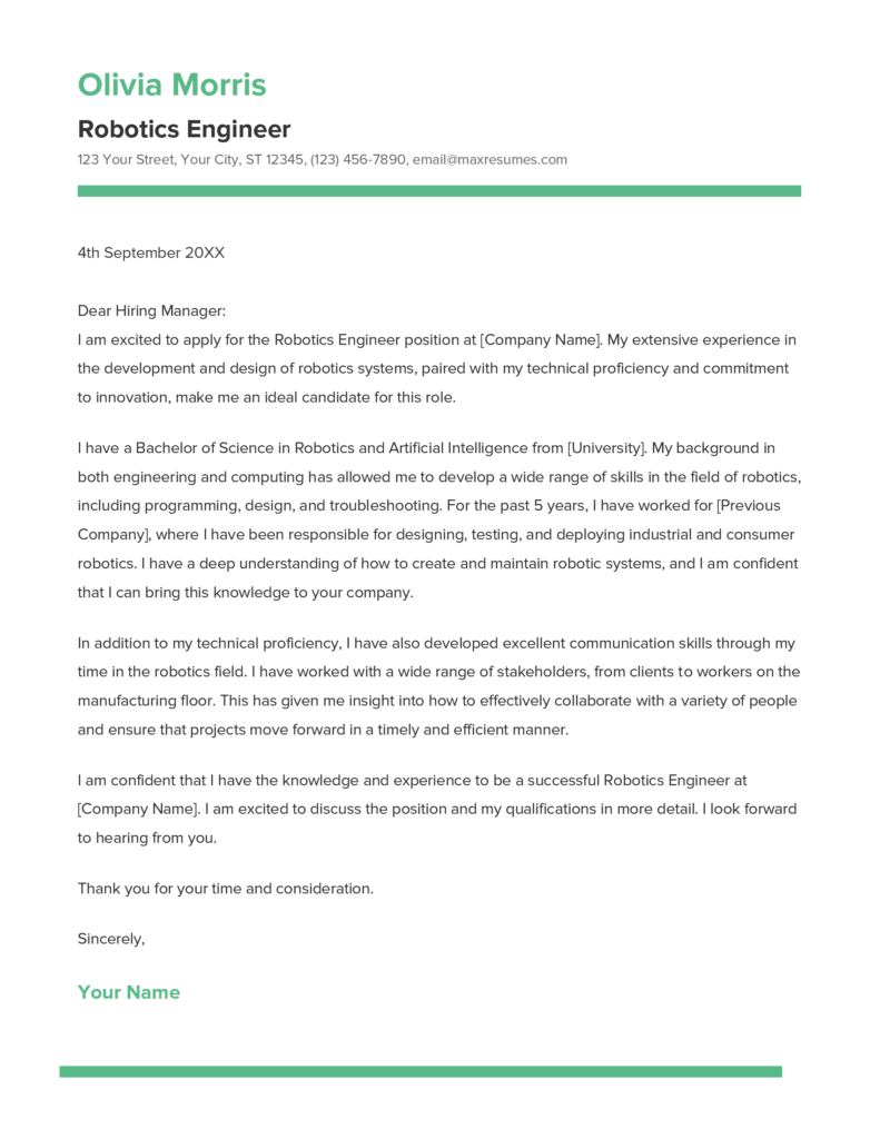 Best Robotics Engineer Cover Letter Example for 2023