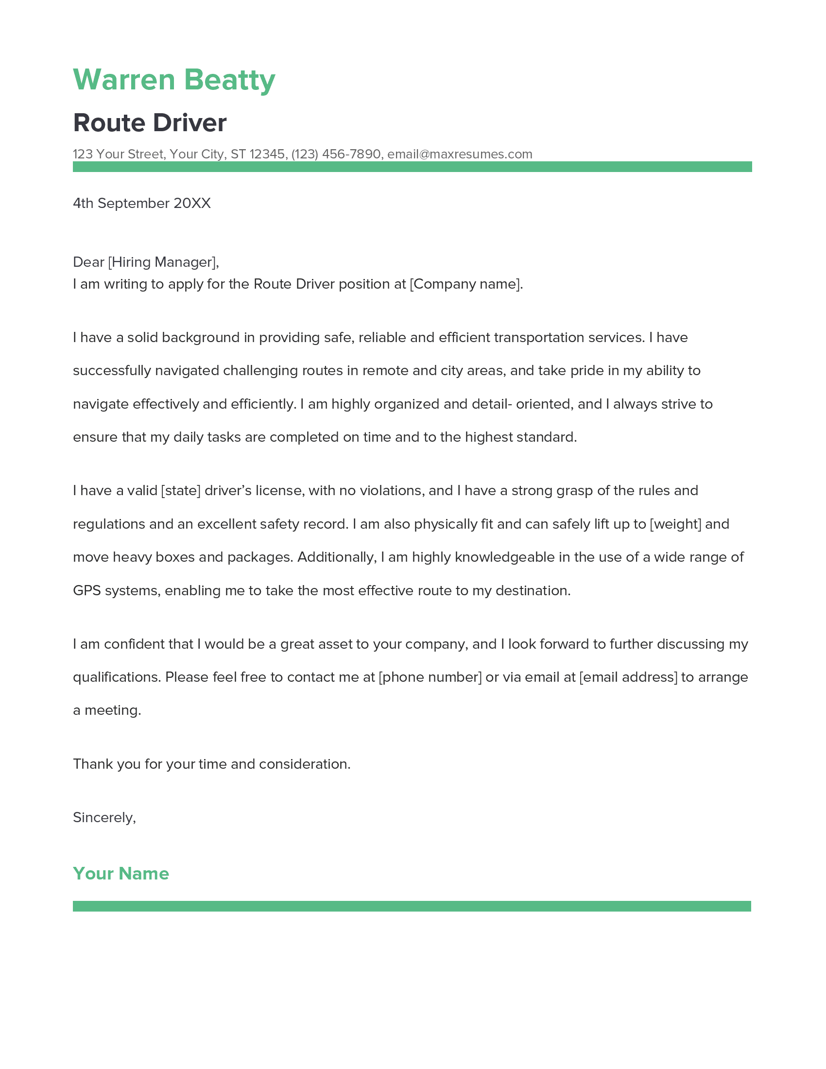 Route Driver Cover Letter Example