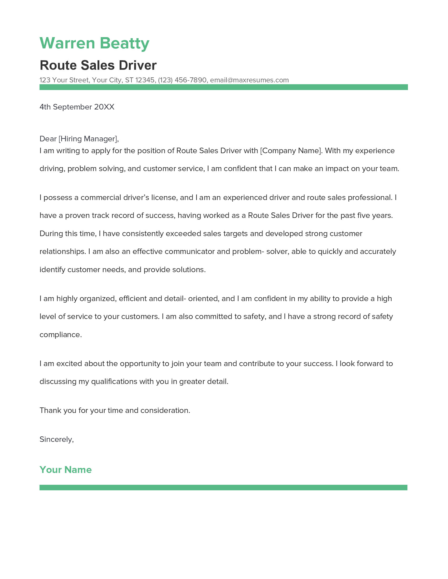 Route Sales Driver Cover Letter Example