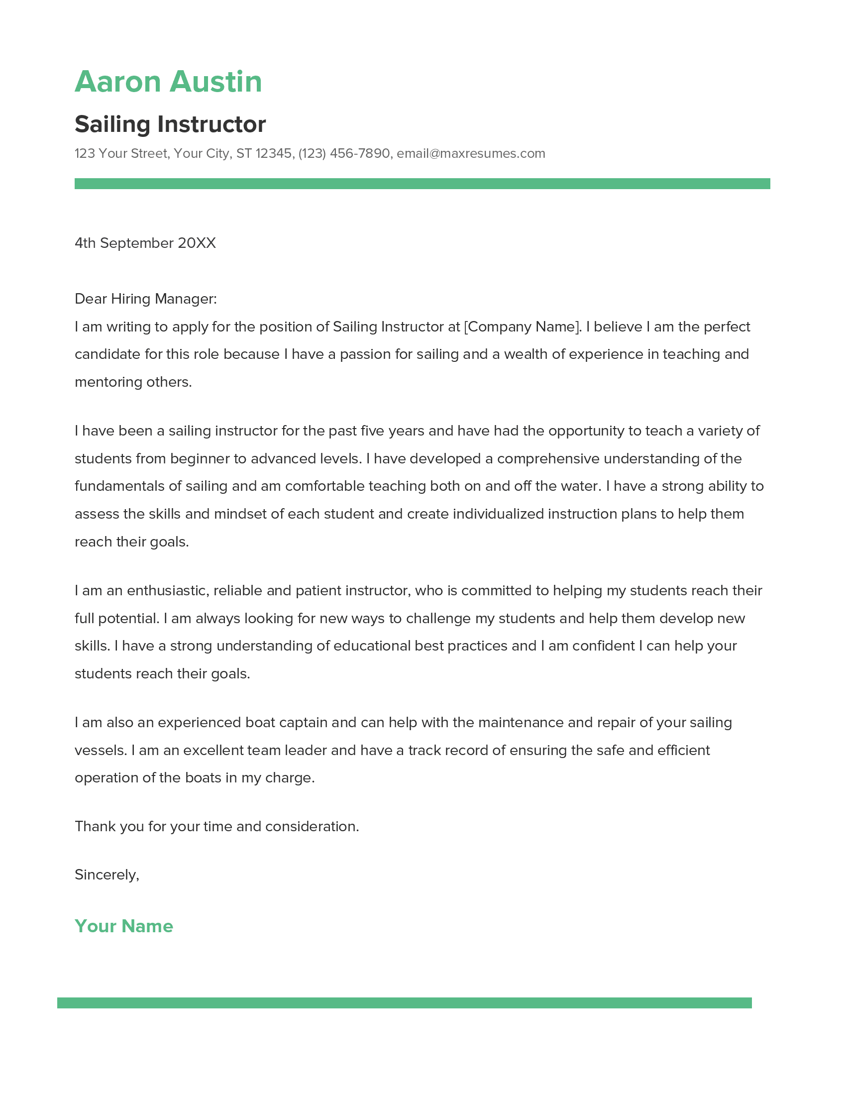 Sailing Instructor Cover Letter Example