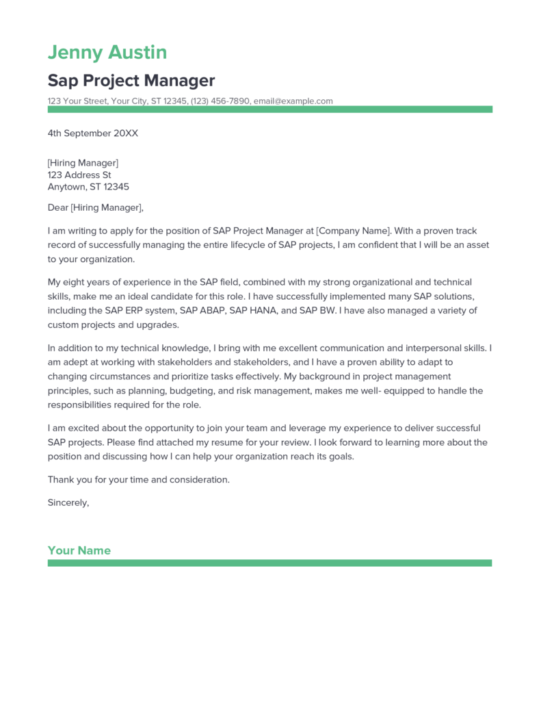 Best Sap Project Manager Cover Letter Example for 2023