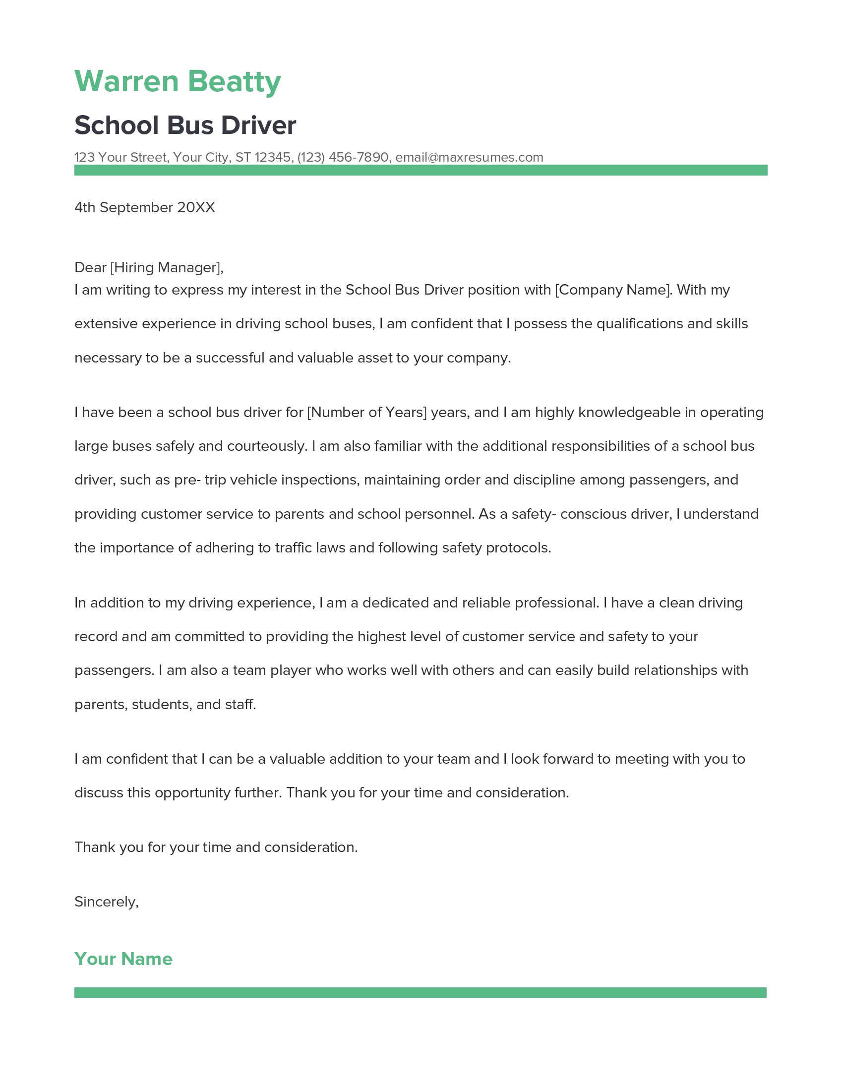 School Bus Driver Cover Letter Example