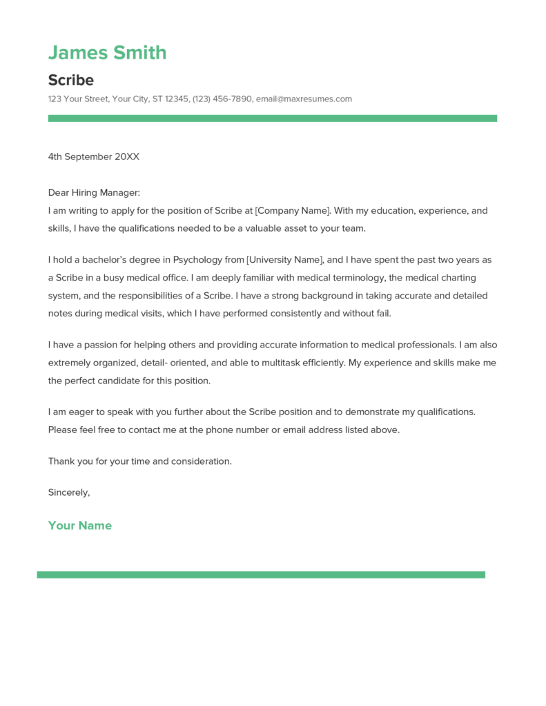 Best Scribe Cover Letter Example for 2023