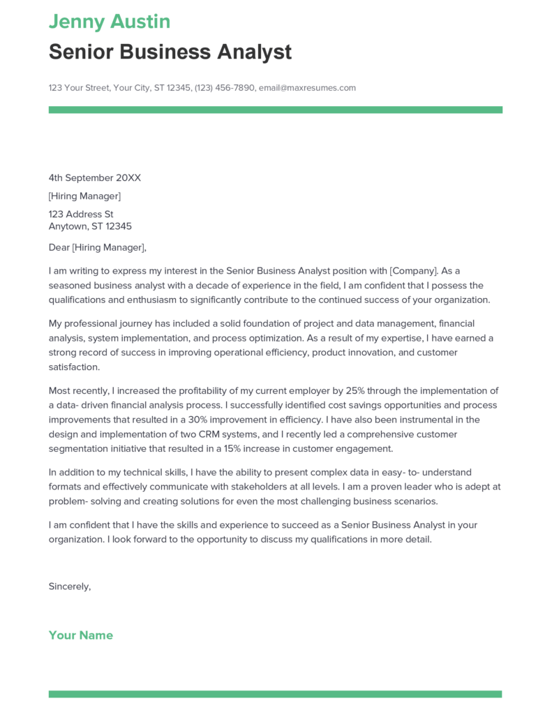 cover letter template senior business analyst