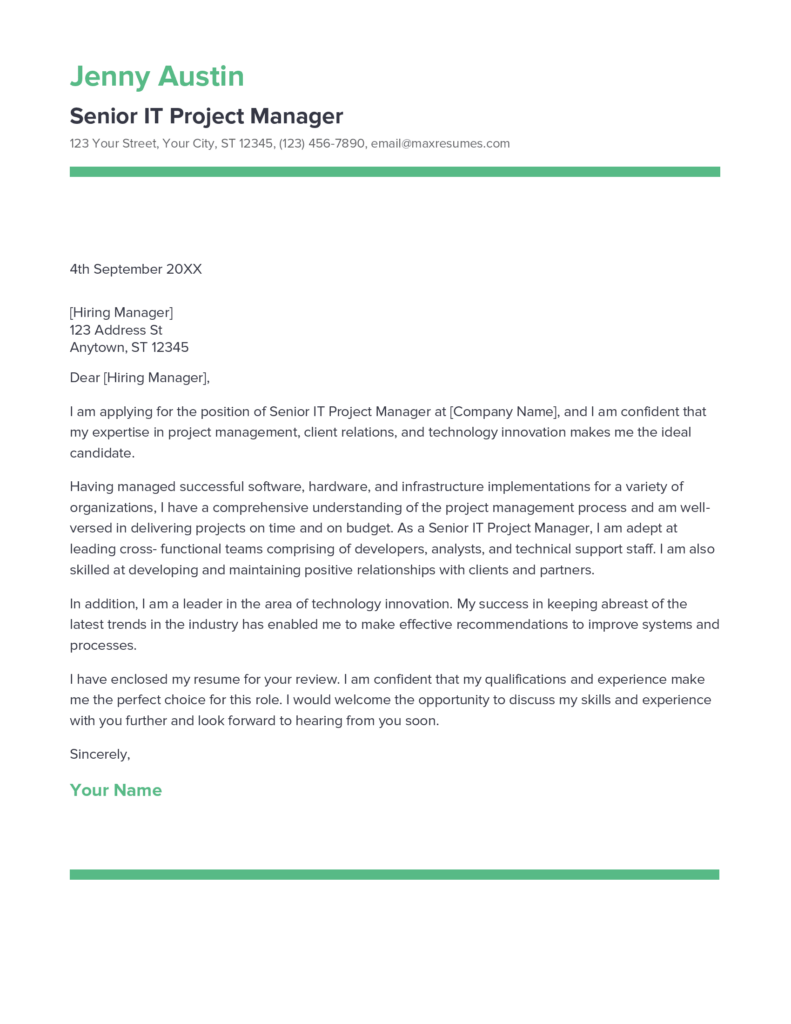 Best Senior IT Project Manager Cover Letter Example for 2023