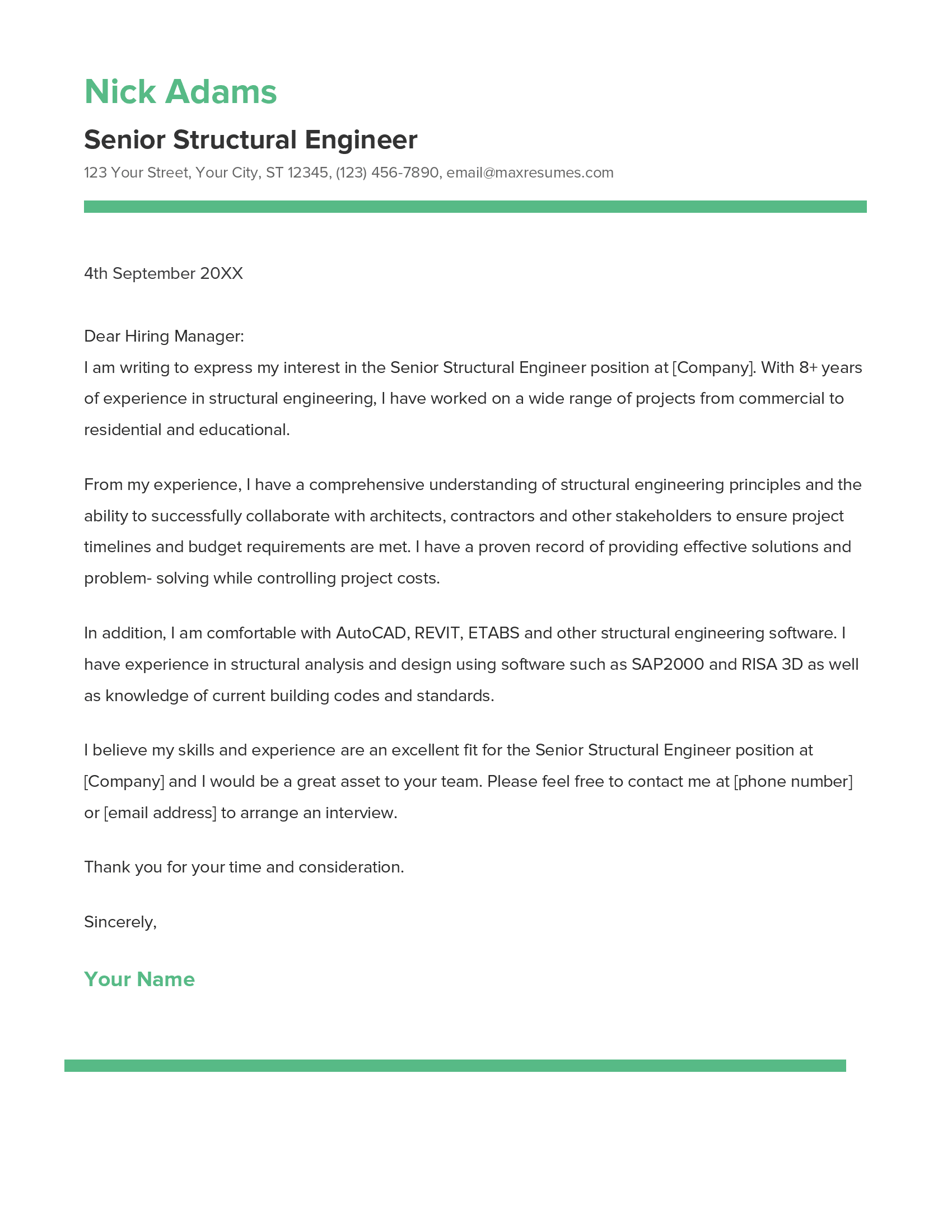 Senior Structural Engineer Cover Letter Example