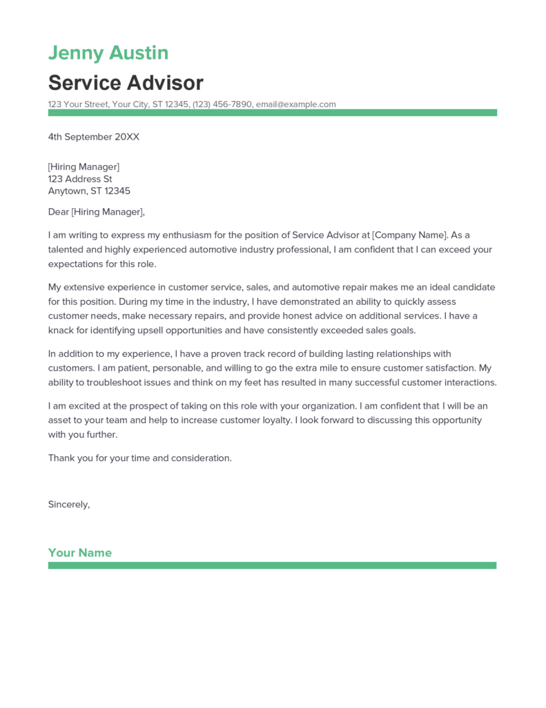 service advisor cover letter template