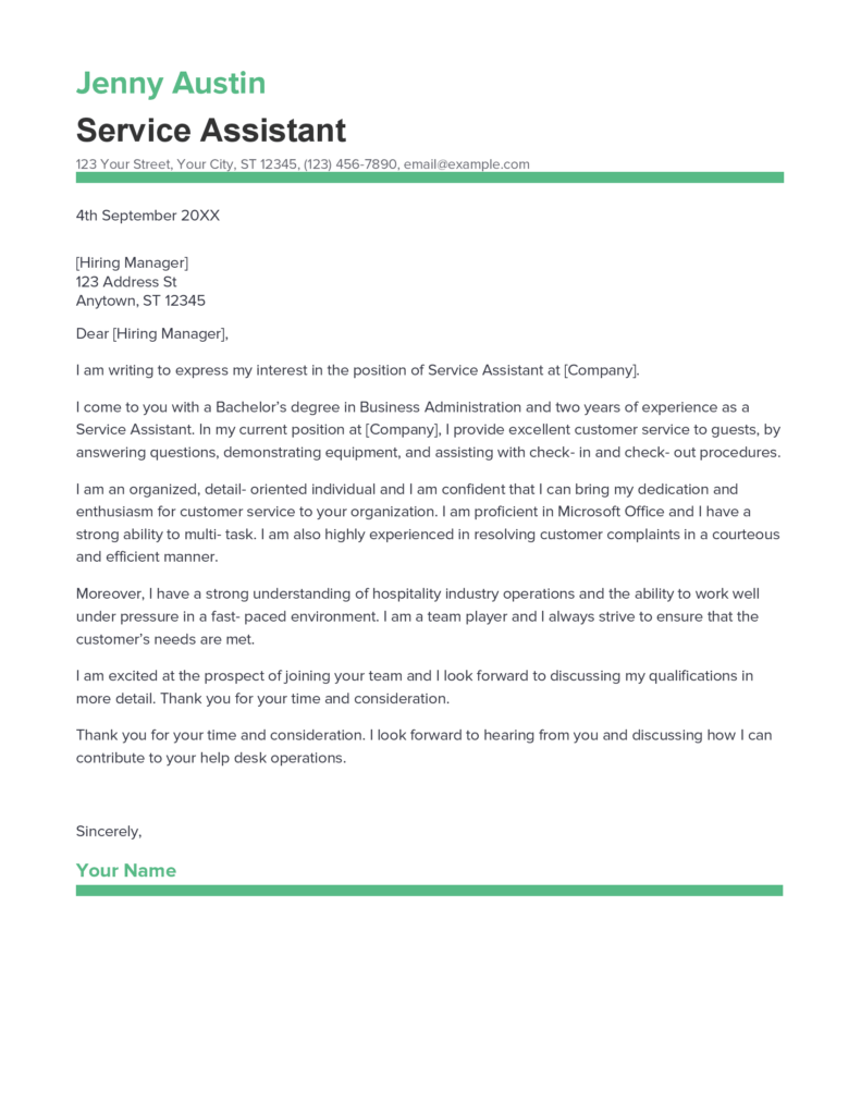 Best Service Assistant Cover Letter Example for 2023