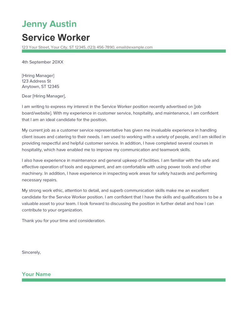 Best Service Worker Cover Letter Example for 2023