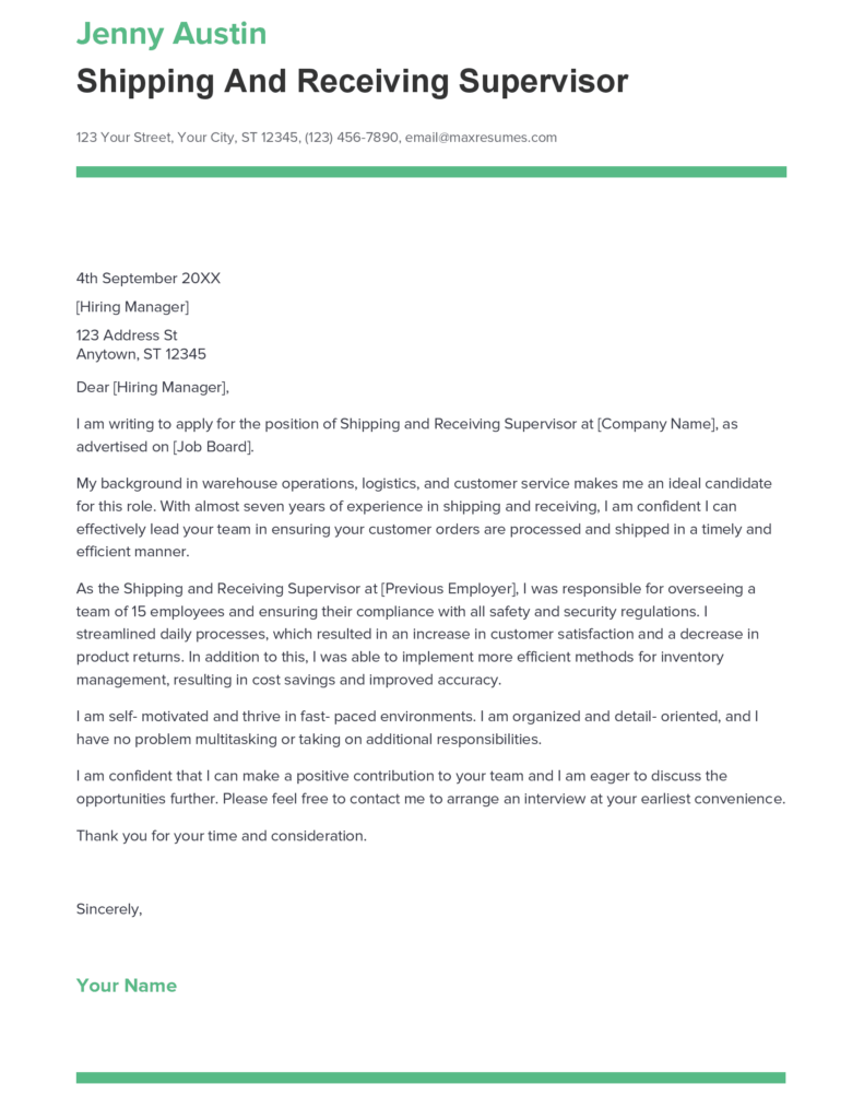 Best Shipping And Receiving Supervisor Cover Letter Example for 2023