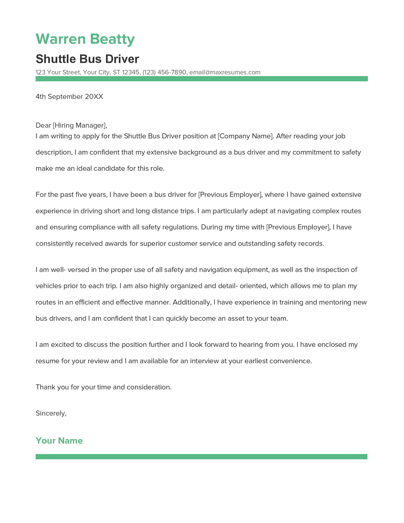 Shuttle Bus Driver Cover Letter Example