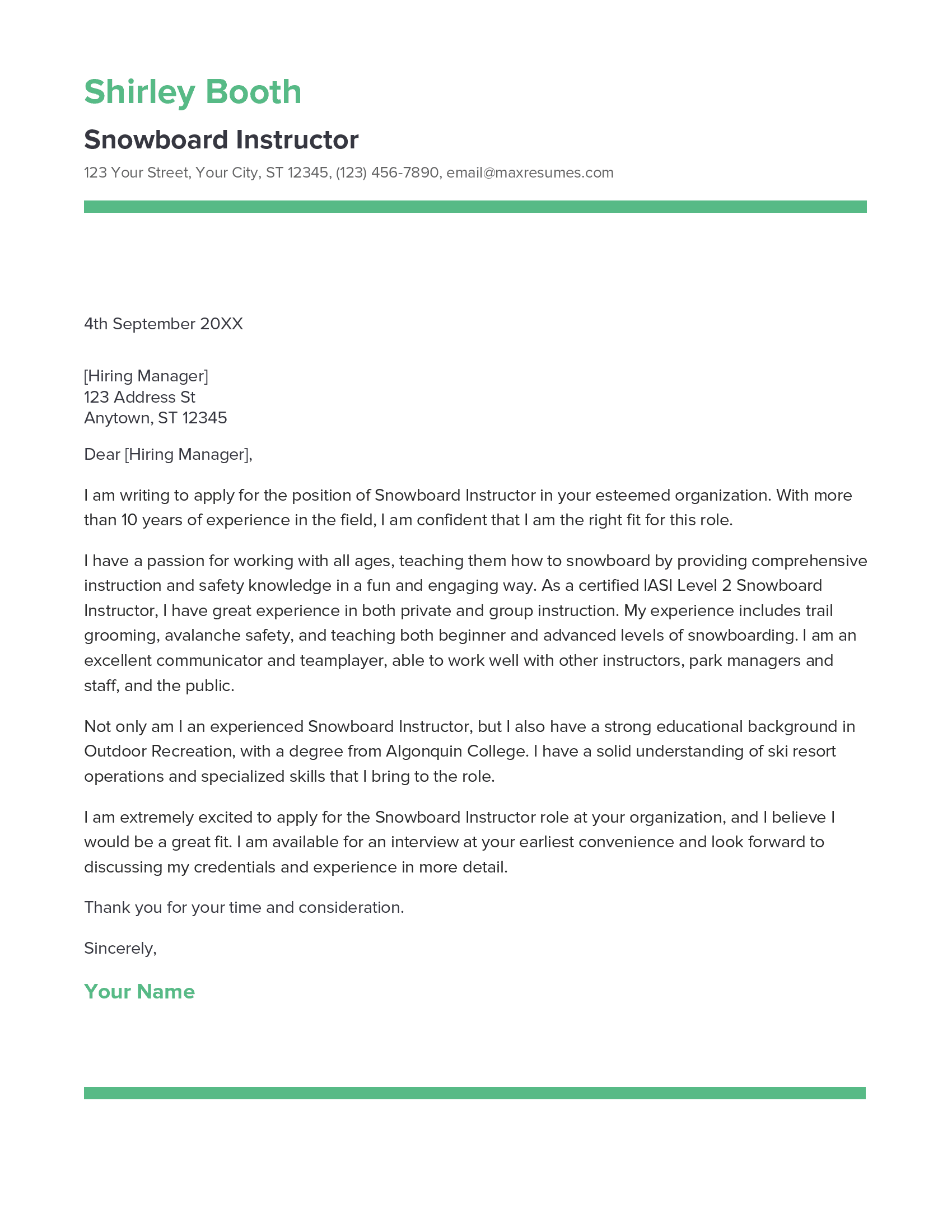 Snowboard Instructor Cover Letter Example