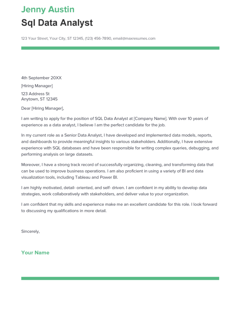Best Sql Data Analyst Cover Letter Example for 2023
