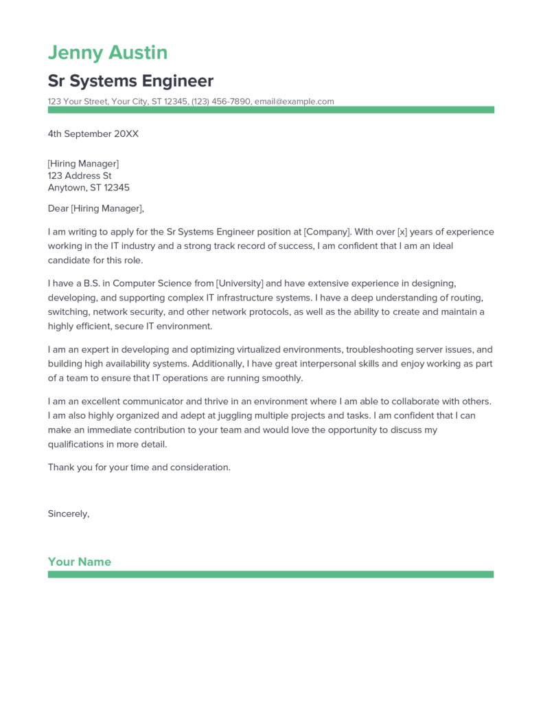 Best Sr Systems Engineer Cover Letter Example for 2023